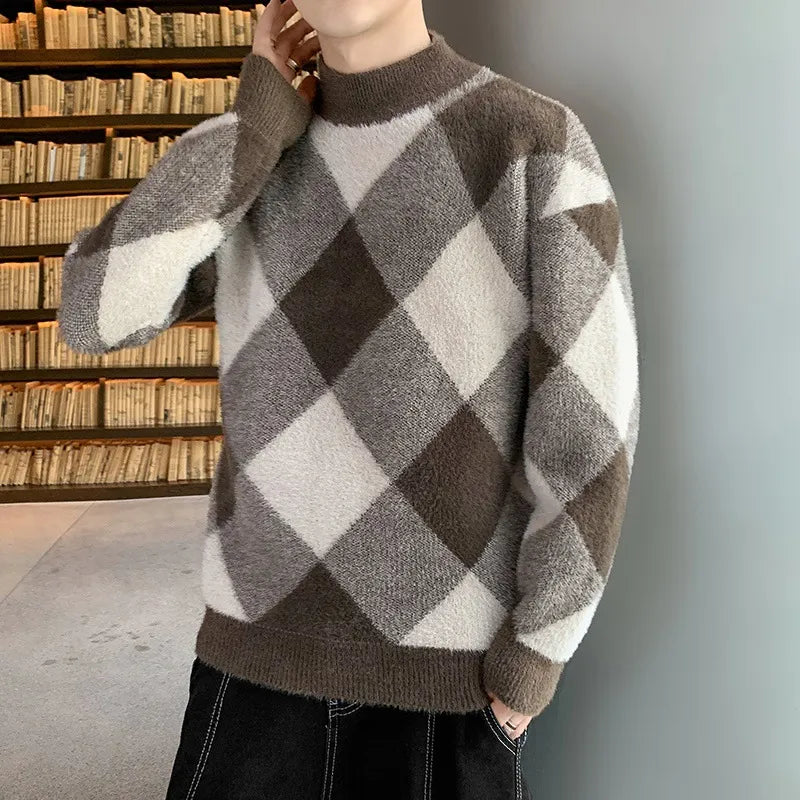 Stylische Herren Strickpullover mit Gestreiftem Diamantmuster für den Winter