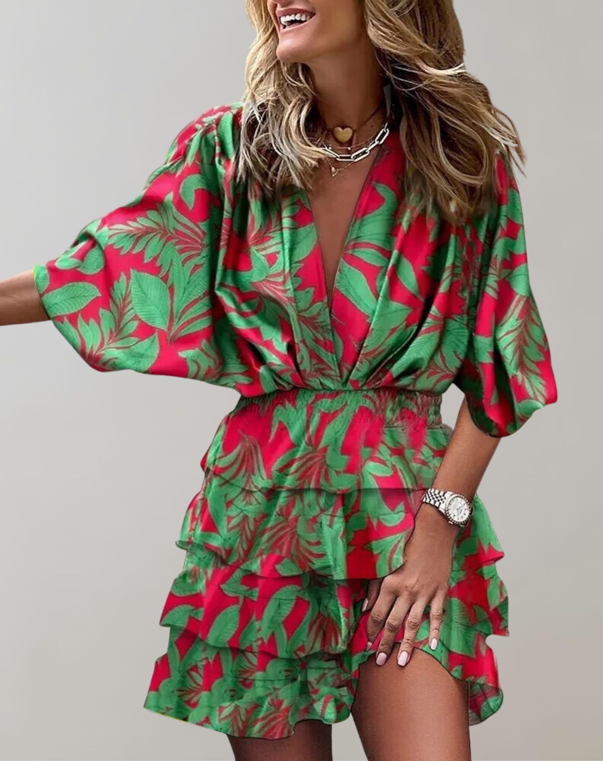 Nimfa - Ärmel V-Ausschnitt gerafftes Minikleid