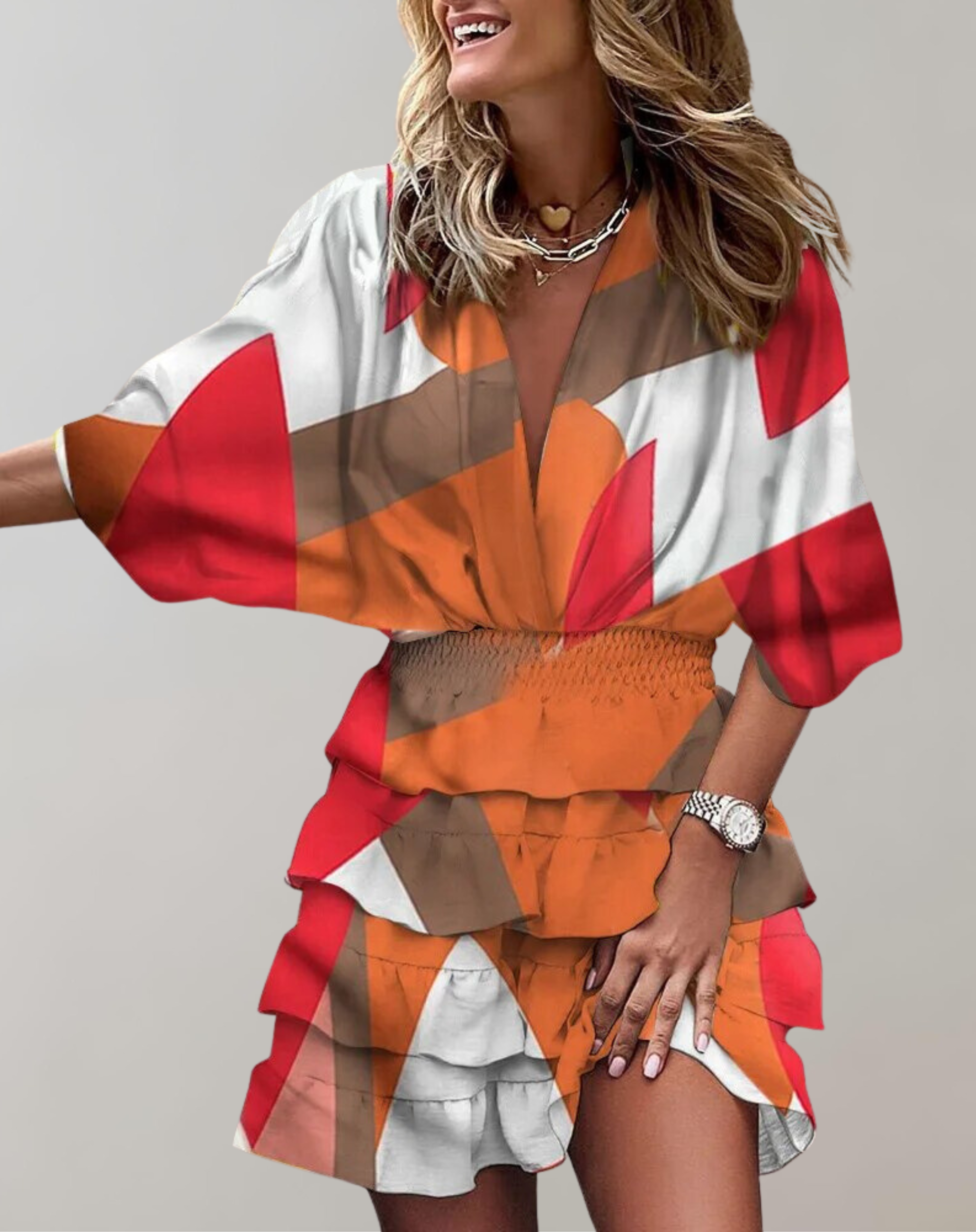 Nimfa - Ärmel V-Ausschnitt gerafftes Minikleid