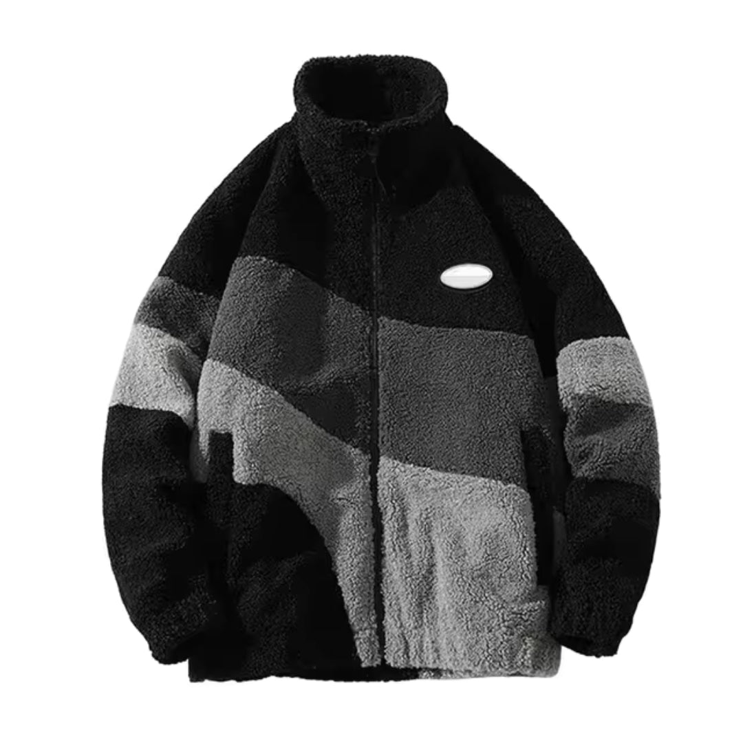 Herren Fleecejacke im Colorblock-Design - kuschelige Winterjacke in Schwarz und Grau