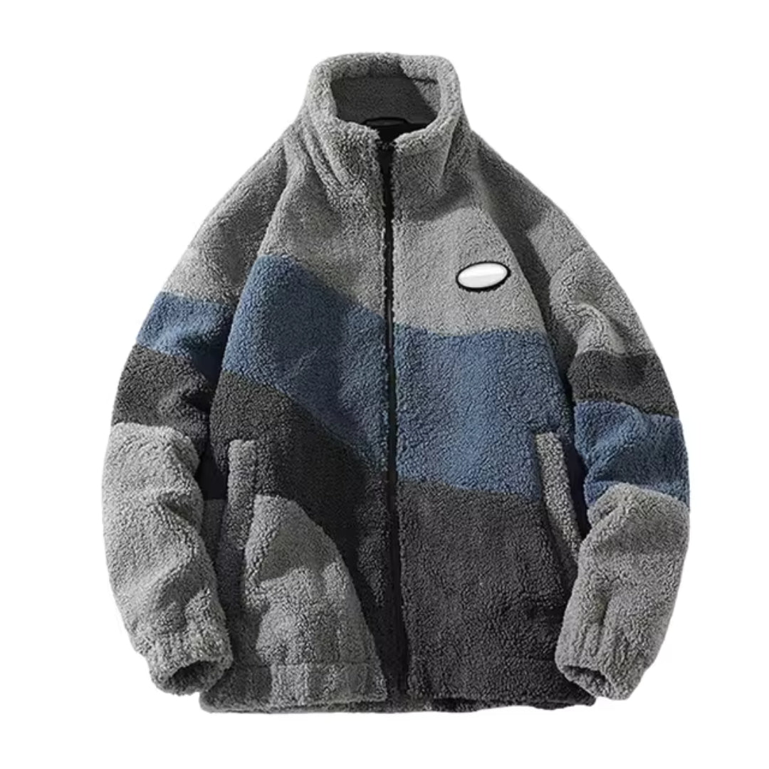 Herren Fleecejacke im Colorblock-Design - kuschelige Winterjacke in Schwarz und Grau