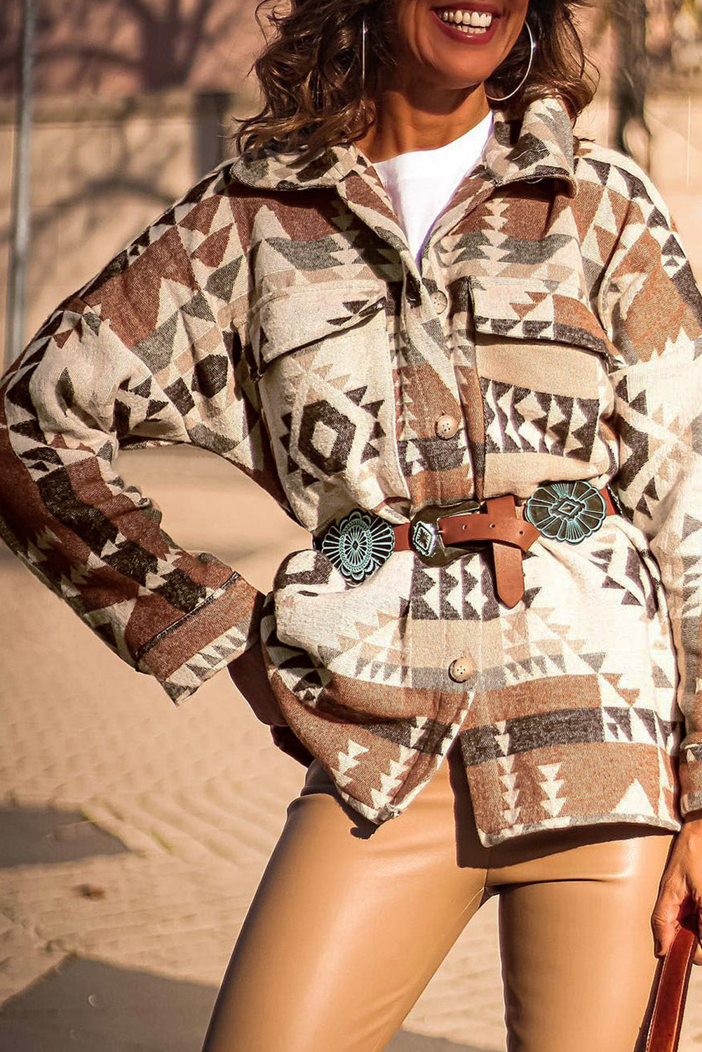 Kamilla | Retro Braun Geometrisches Druckjackett