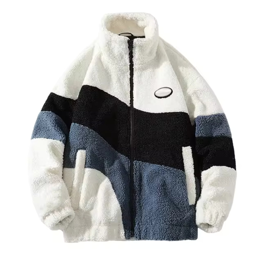Herren Fleecejacke im Colorblock-Design - kuschelige Winterjacke in Schwarz und Grau