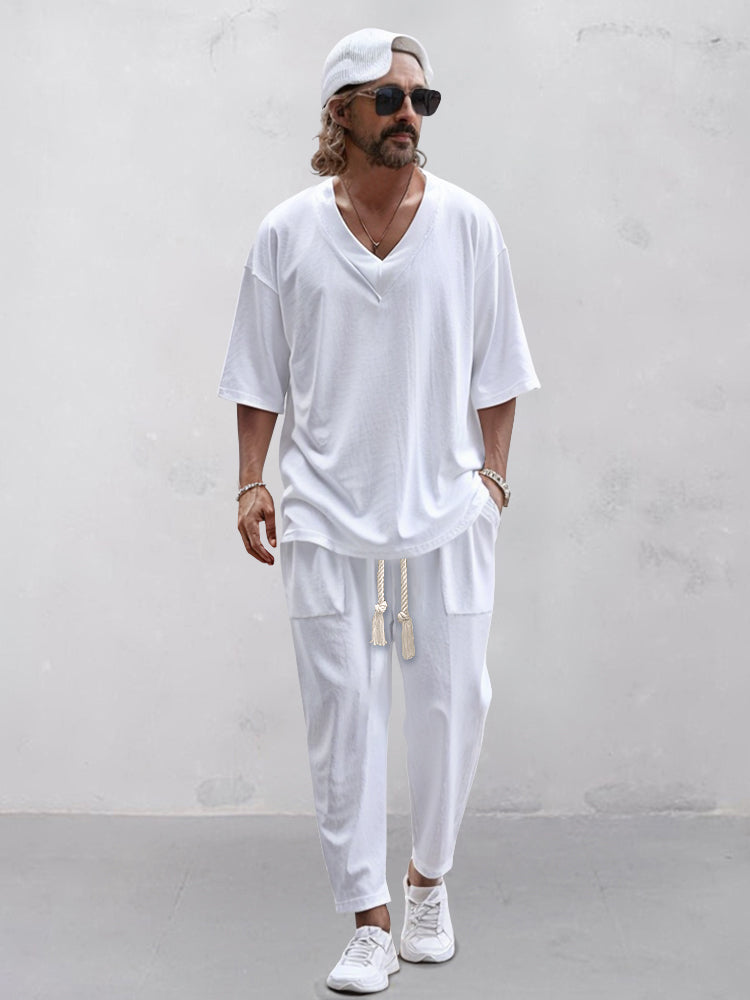 Lässiges Herren-Loungewear-Set mit V-Ausschnitt und Kordelzug-Hose – Bequem und Stilvoll