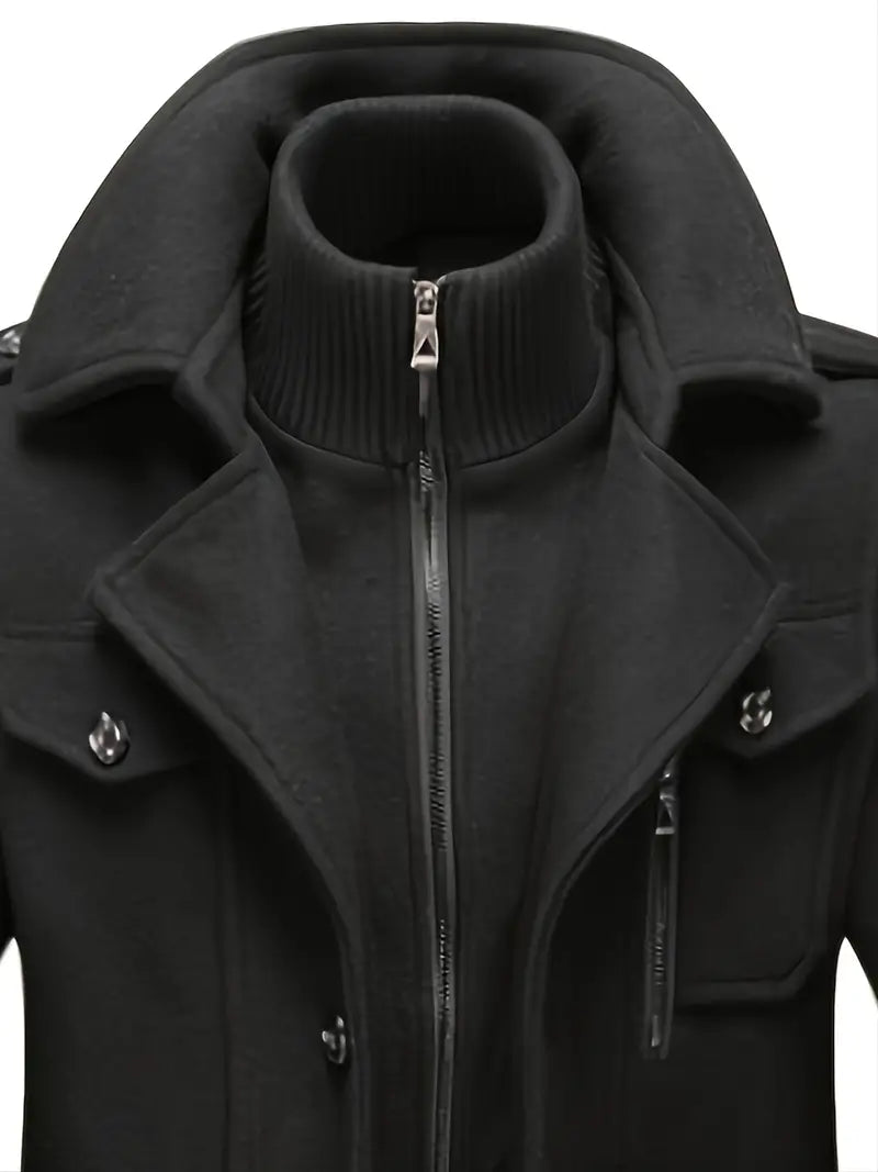 Herren Wintermantel mit Stehkragen – stylische schwarze Jacke mit Reißverschluss und Knöpfen
