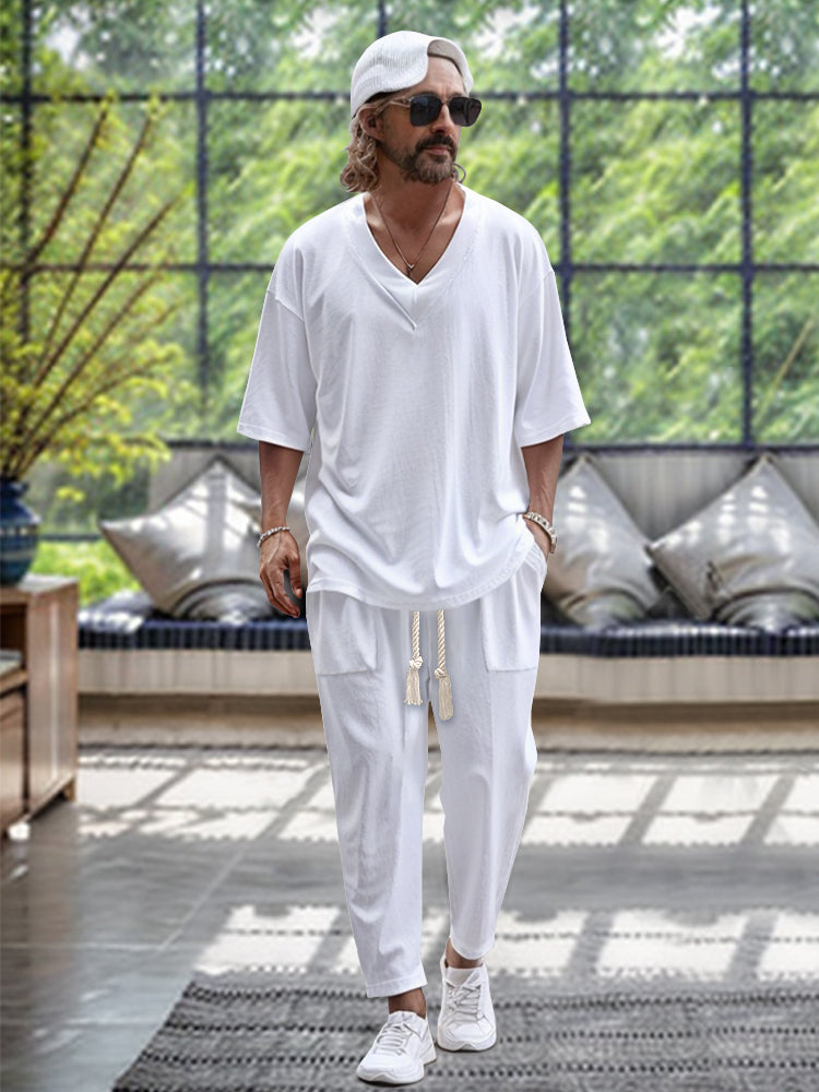 Lässiges Herren-Loungewear-Set mit V-Ausschnitt und Kordelzug-Hose – Bequem und Stilvoll