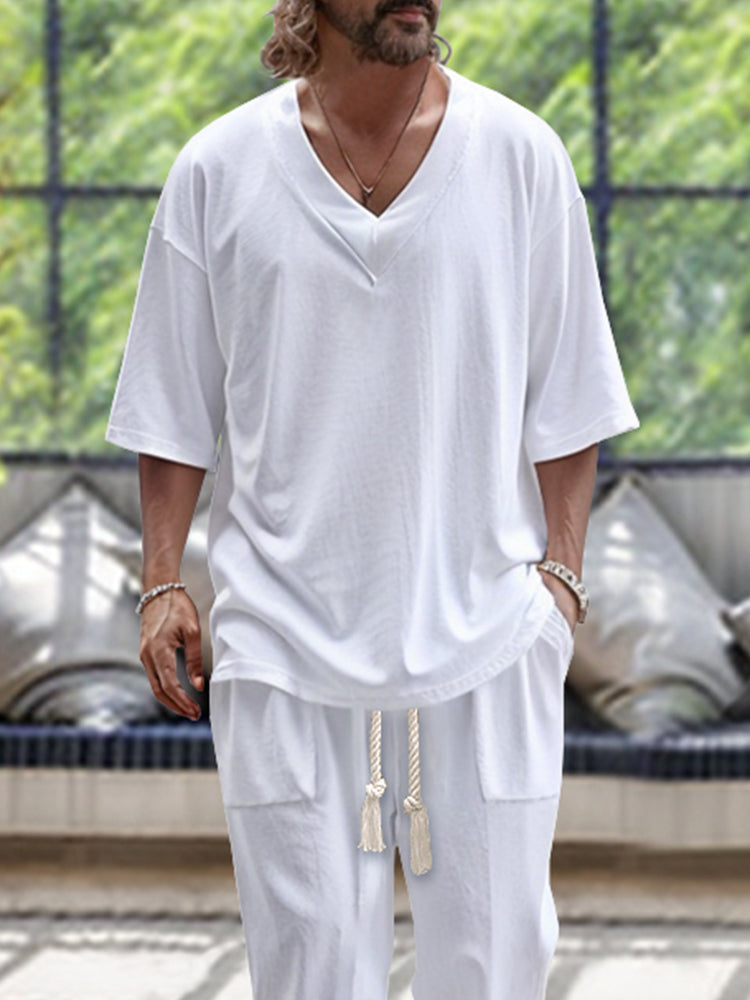 Lässiges Herren-Loungewear-Set mit V-Ausschnitt und Kordelzug-Hose – Bequem und Stilvoll