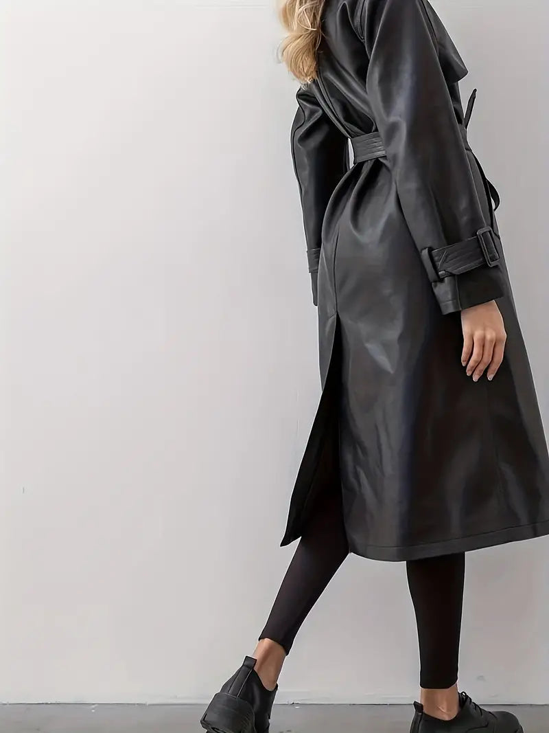 Sereia | Luxuriöser, eleganter schwarzer Kunstleder-Trenchcoat mit Gürtel für moderne Frauen