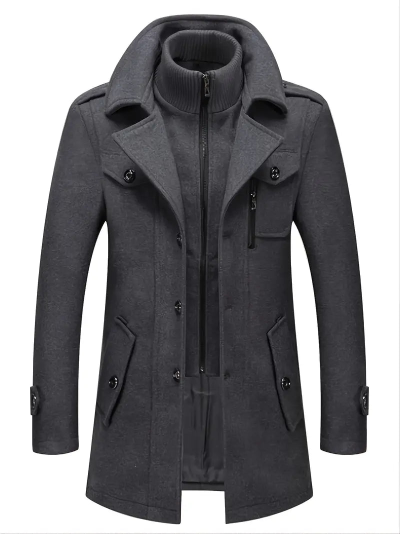 Herren Wintermantel mit Stehkragen – stylische schwarze Jacke mit Reißverschluss und Knöpfen