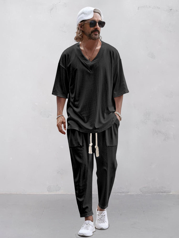 Lässiges Herren-Loungewear-Set mit V-Ausschnitt und Kordelzug-Hose – Bequem und Stilvoll