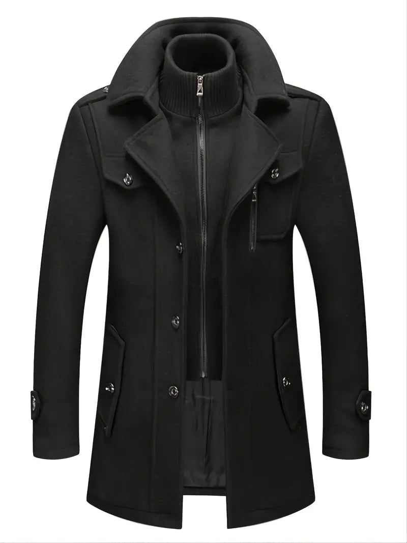 Herren Wintermantel mit Stehkragen – stylische schwarze Jacke mit Reißverschluss und Knöpfen