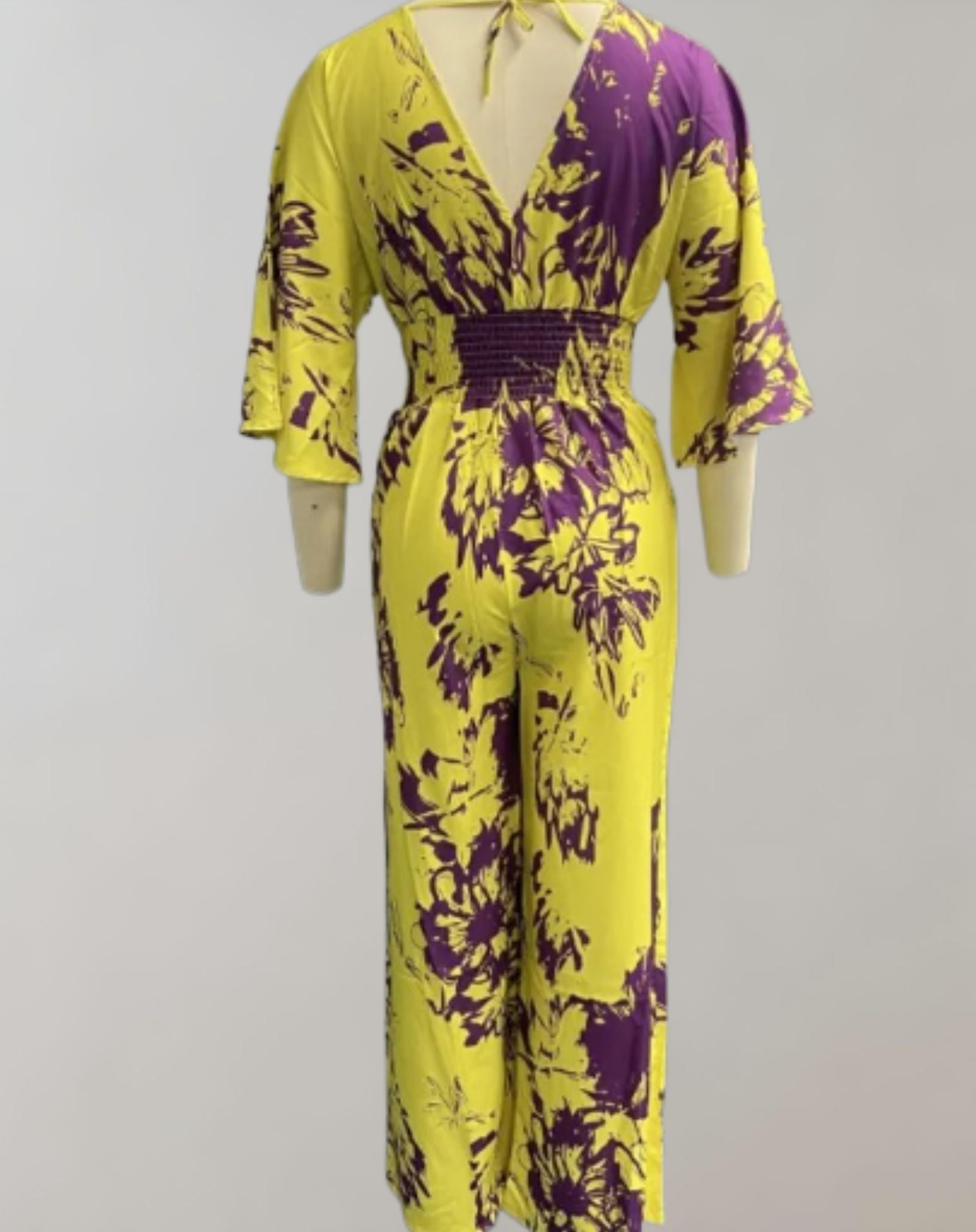 Alexa - Gelbgrünes Kleid mit tiefem V Ausschnitt und violettem Blumenmuster Kleid