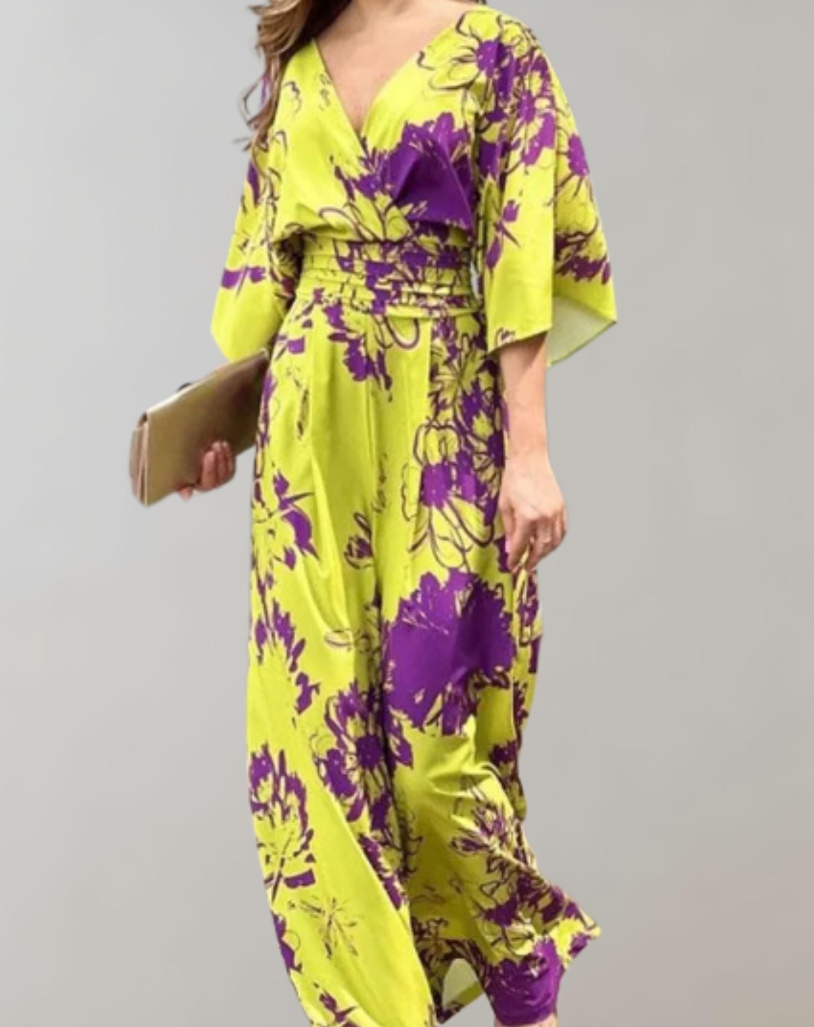 Alexa - Gelbgrünes Kleid mit tiefem V Ausschnitt und violettem Blumenmuster Kleid