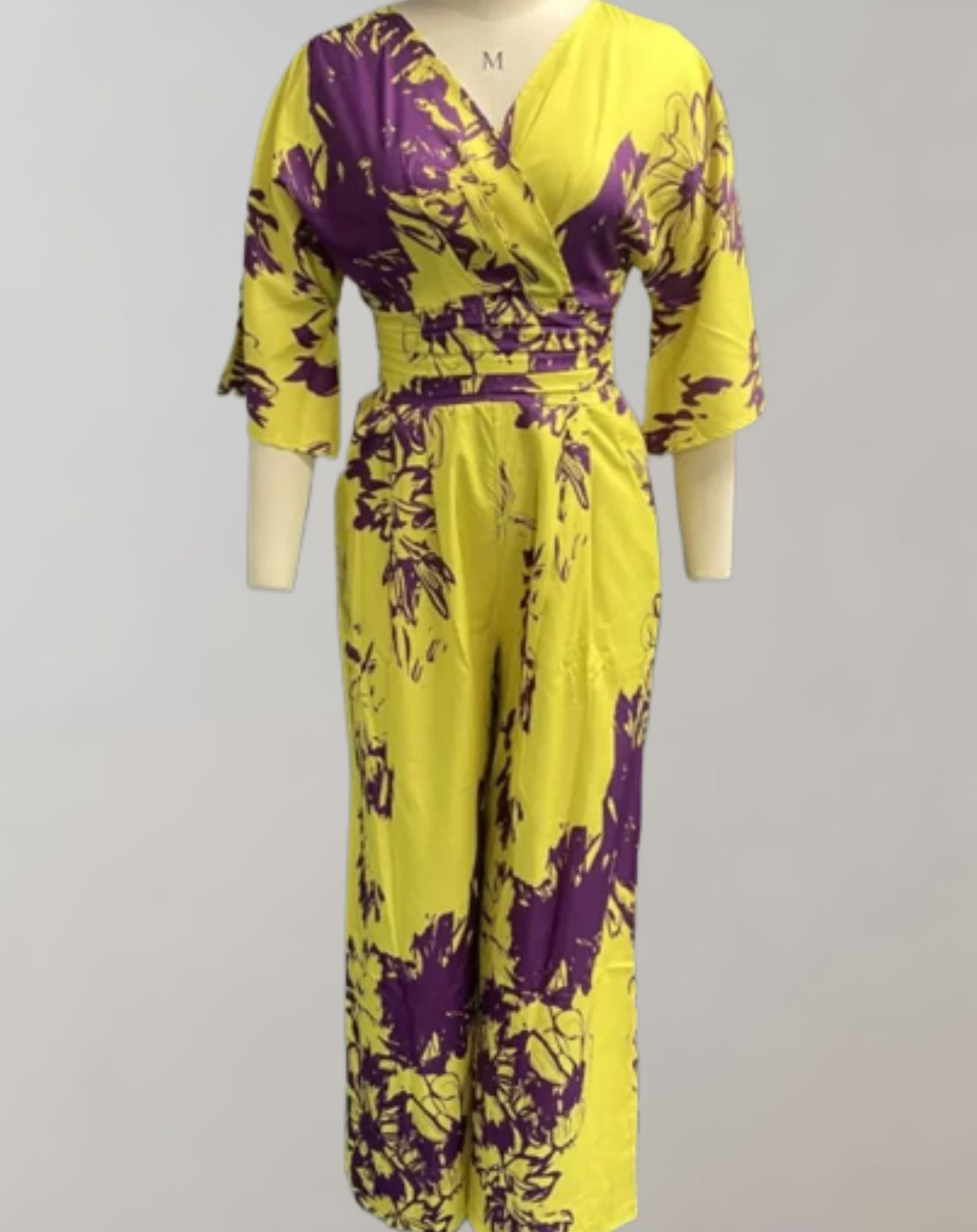 Alexa - Gelbgrünes Kleid mit tiefem V Ausschnitt und violettem Blumenmuster Kleid