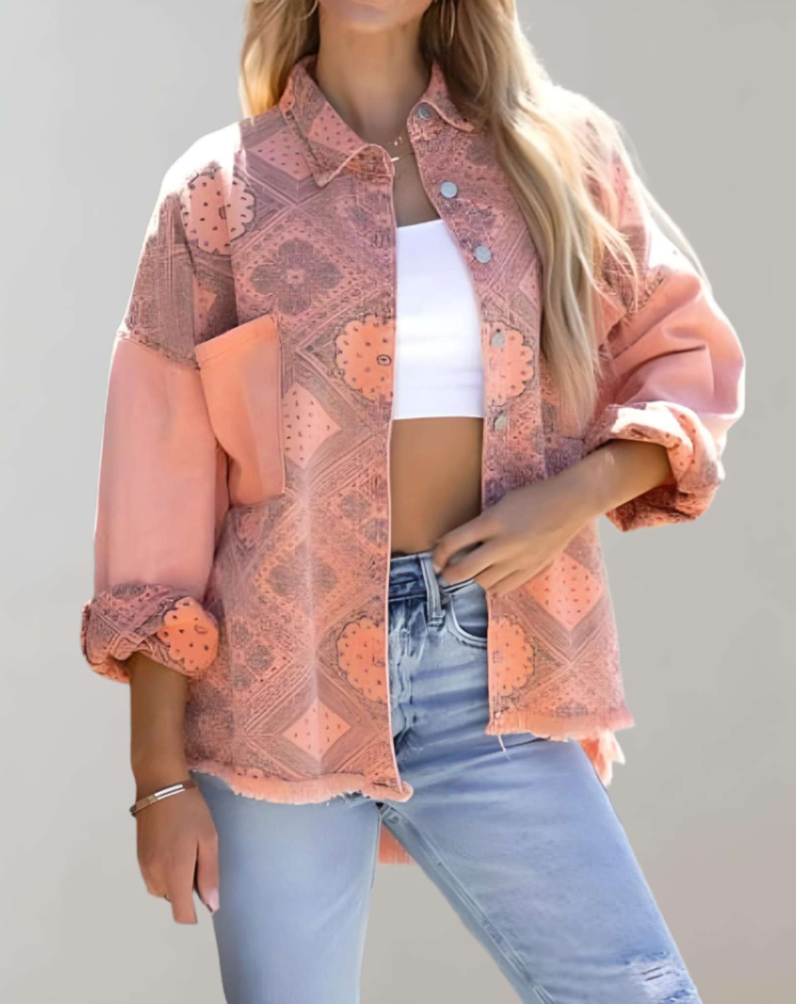 Allie - Rosafarbene übergroße Jacke mit Knöpfen und Blumenmuster Jacke