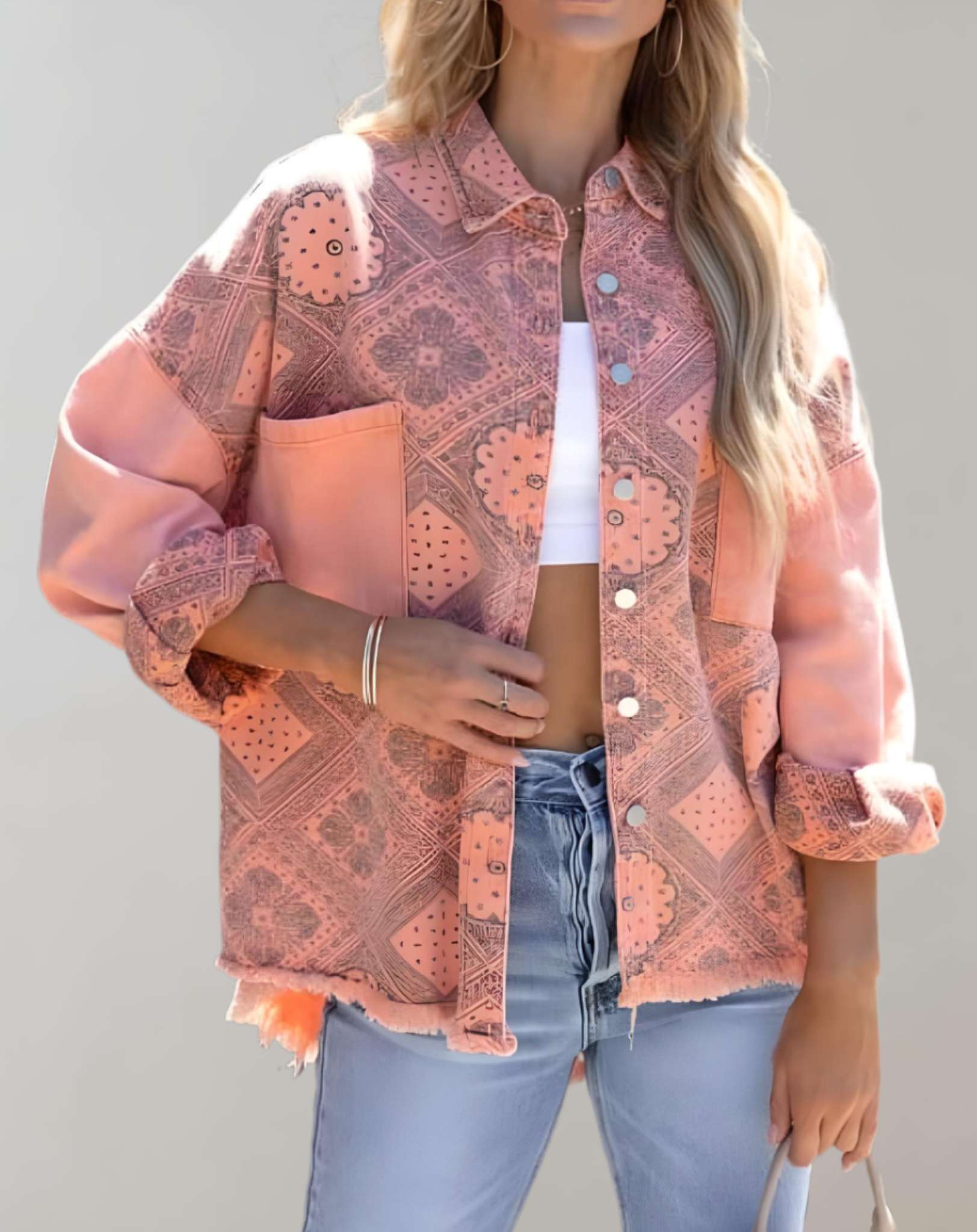 Allie - Rosafarbene übergroße Jacke mit Knöpfen und Blumenmuster Jacke