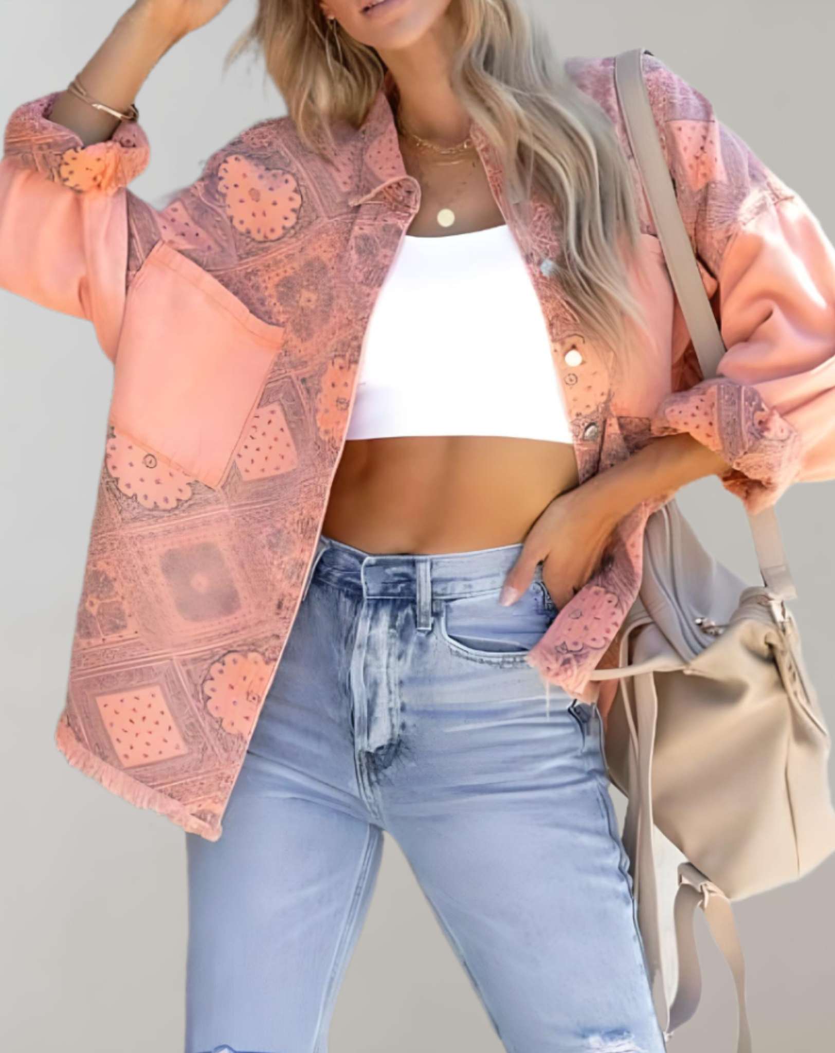 Allie - Rosafarbene übergroße Jacke mit Knöpfen und Blumenmuster Jacke