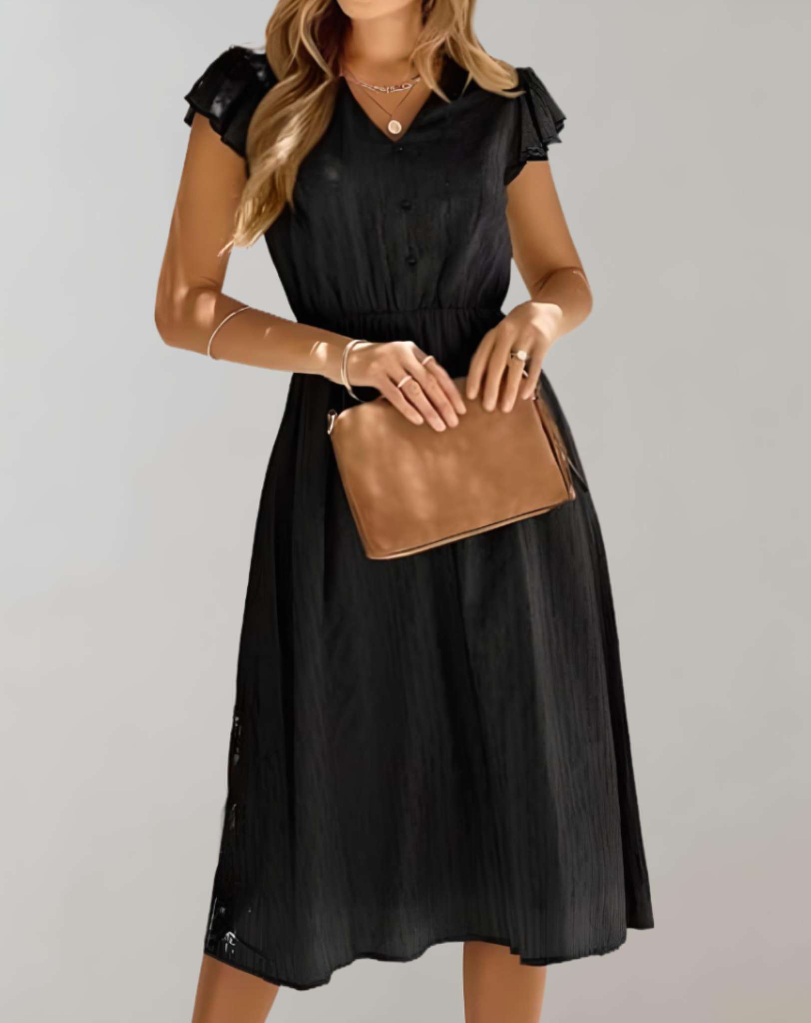 Alma - Schön sitzendes Kleid mit tiefem V Ausschnitt und gerüschten offenen Ärmeln Kleid