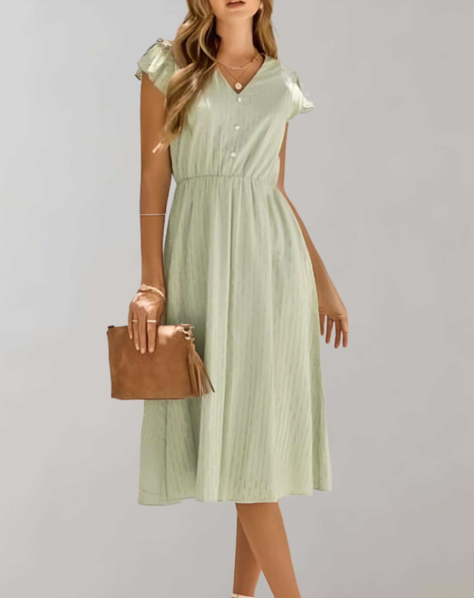 Alma - Schön sitzendes Kleid mit tiefem V Ausschnitt und gerüschten offenen Ärmeln Kleid
