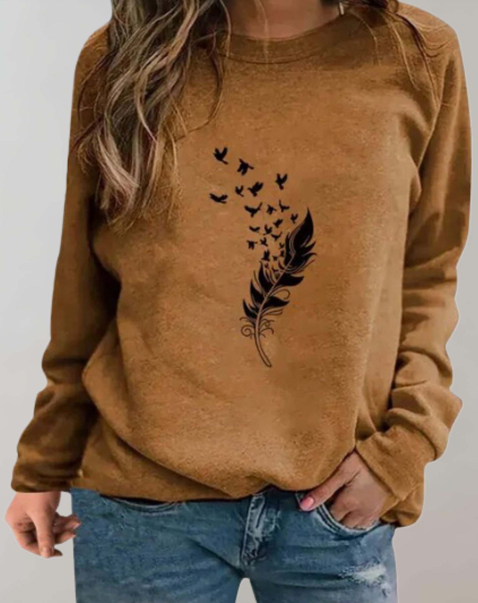 Analy -  Gut sitzender Rundhalspullover mit Feder und Vogelmuster Sweater