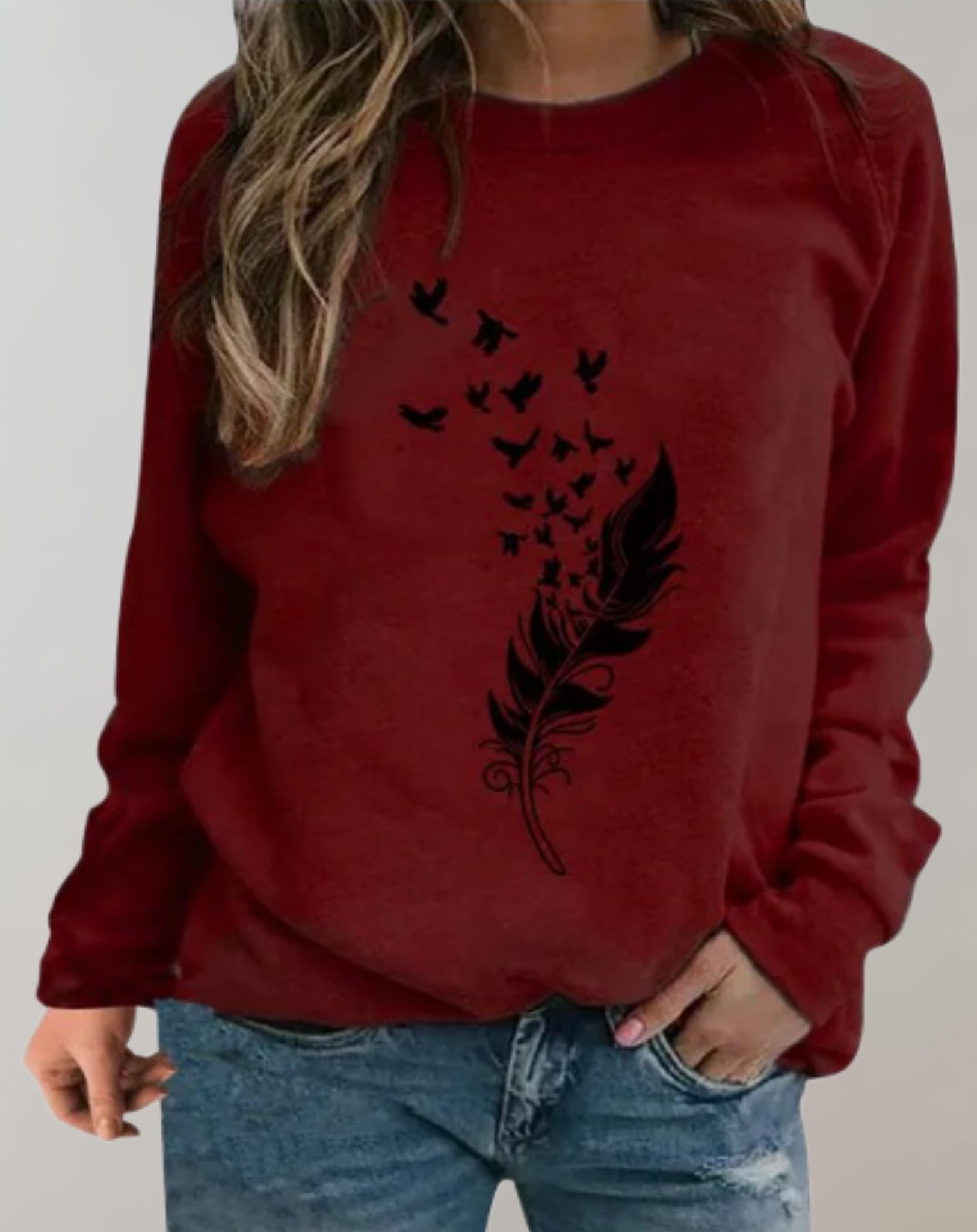 Analy -  Gut sitzender Rundhalspullover mit Feder und Vogelmuster Sweater