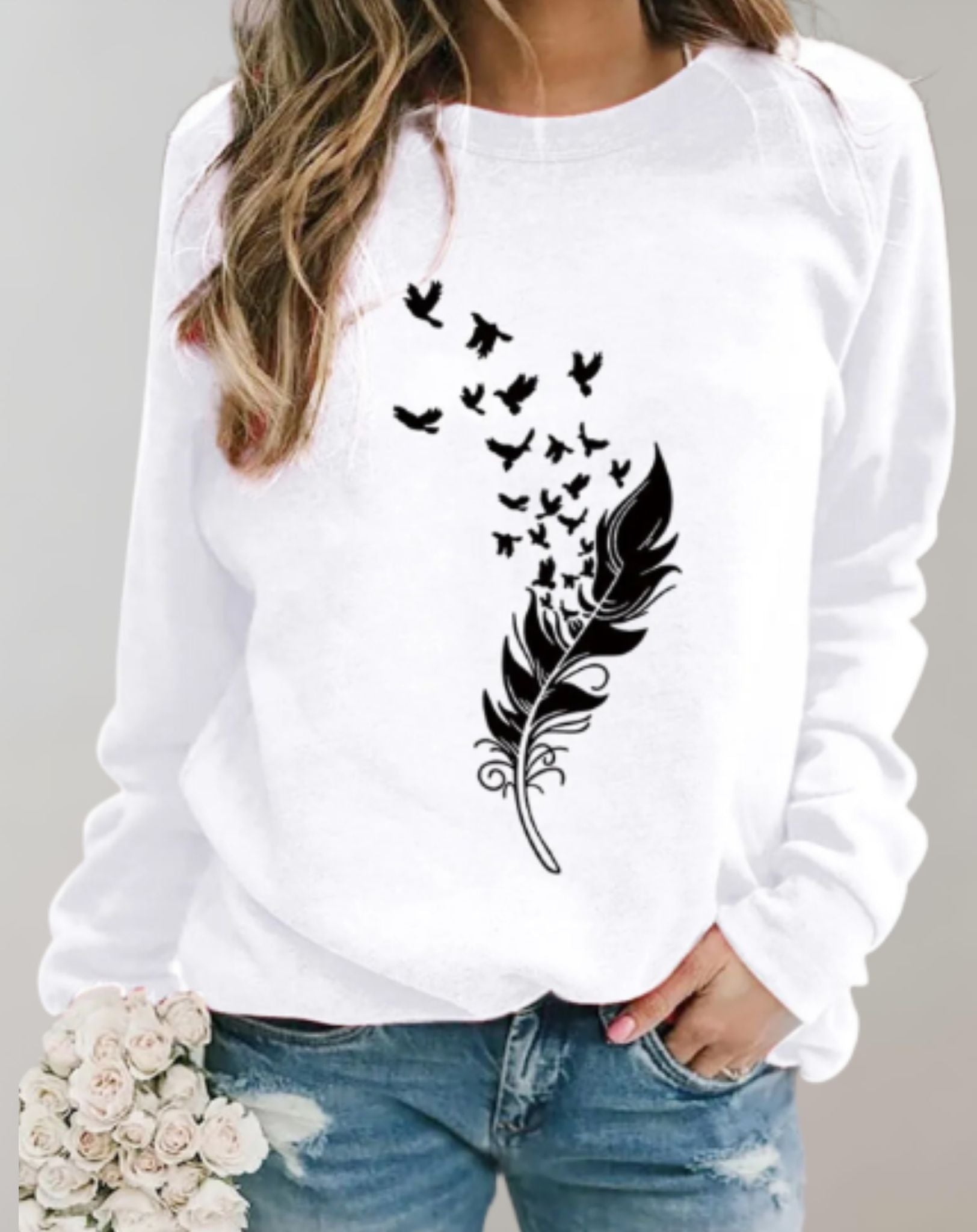 Analy -  Gut sitzender Rundhalspullover mit Feder und Vogelmuster Sweater