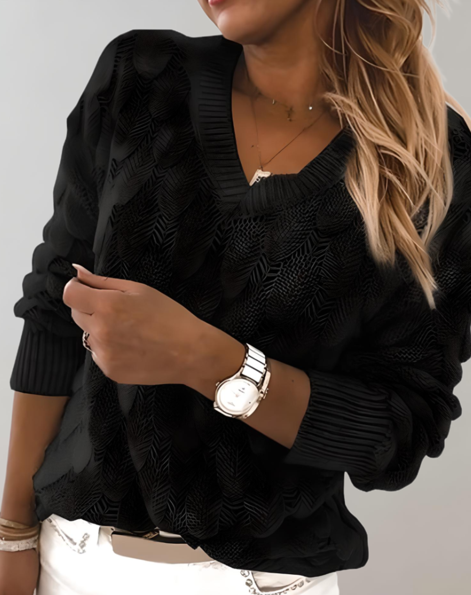 Moly - Gut sitzender Pullover mit tiefem V Ausschnitt und Musterdesign Pullover