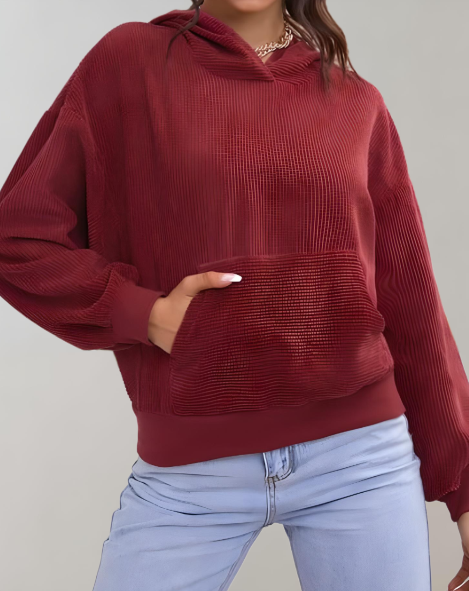 Jane - Roter übergroßer Kapuzenpullover für Damen mit Vordertasche Kapuzenpullover