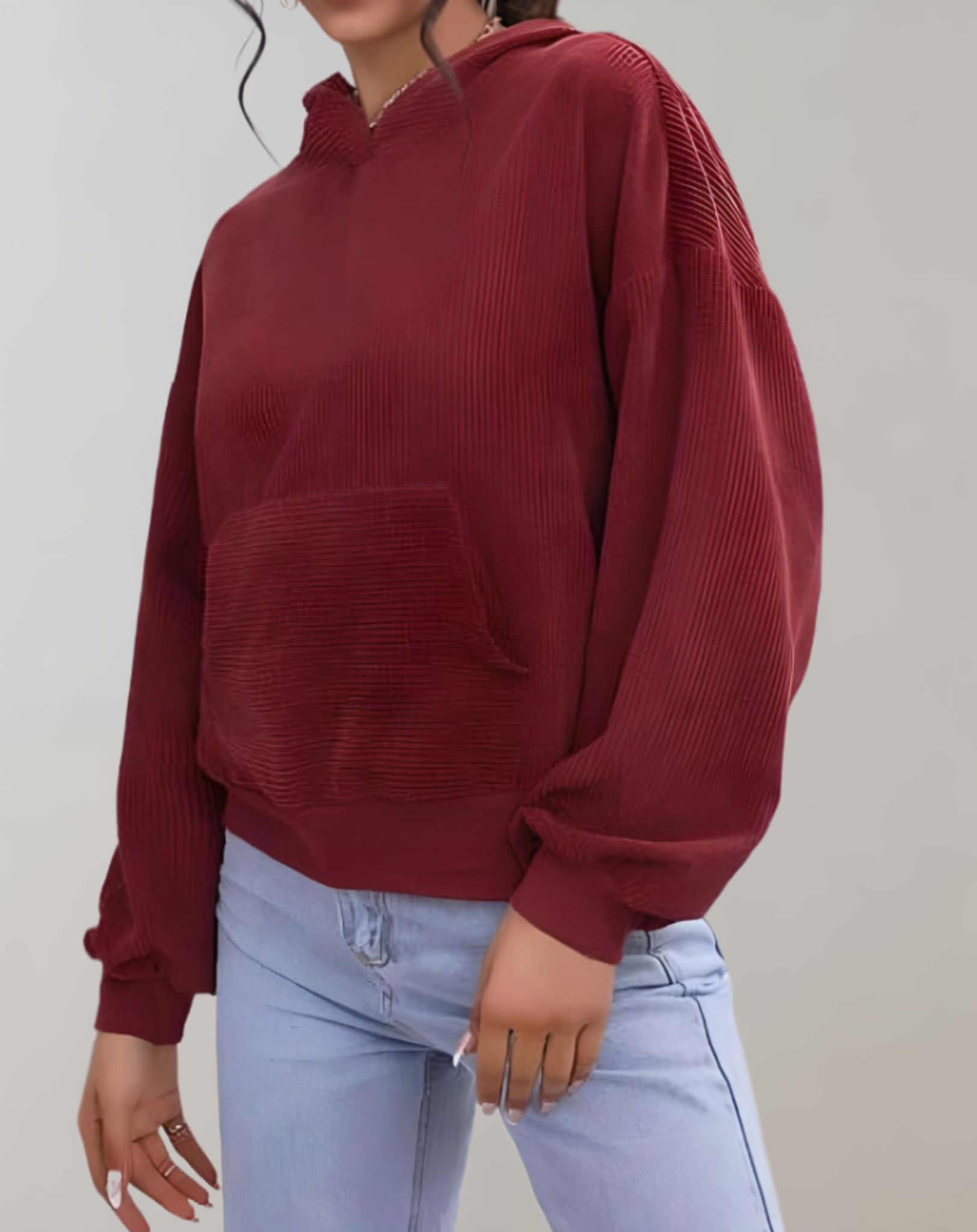 Jane - Roter übergroßer Kapuzenpullover für Damen mit Vordertasche Kapuzenpullover