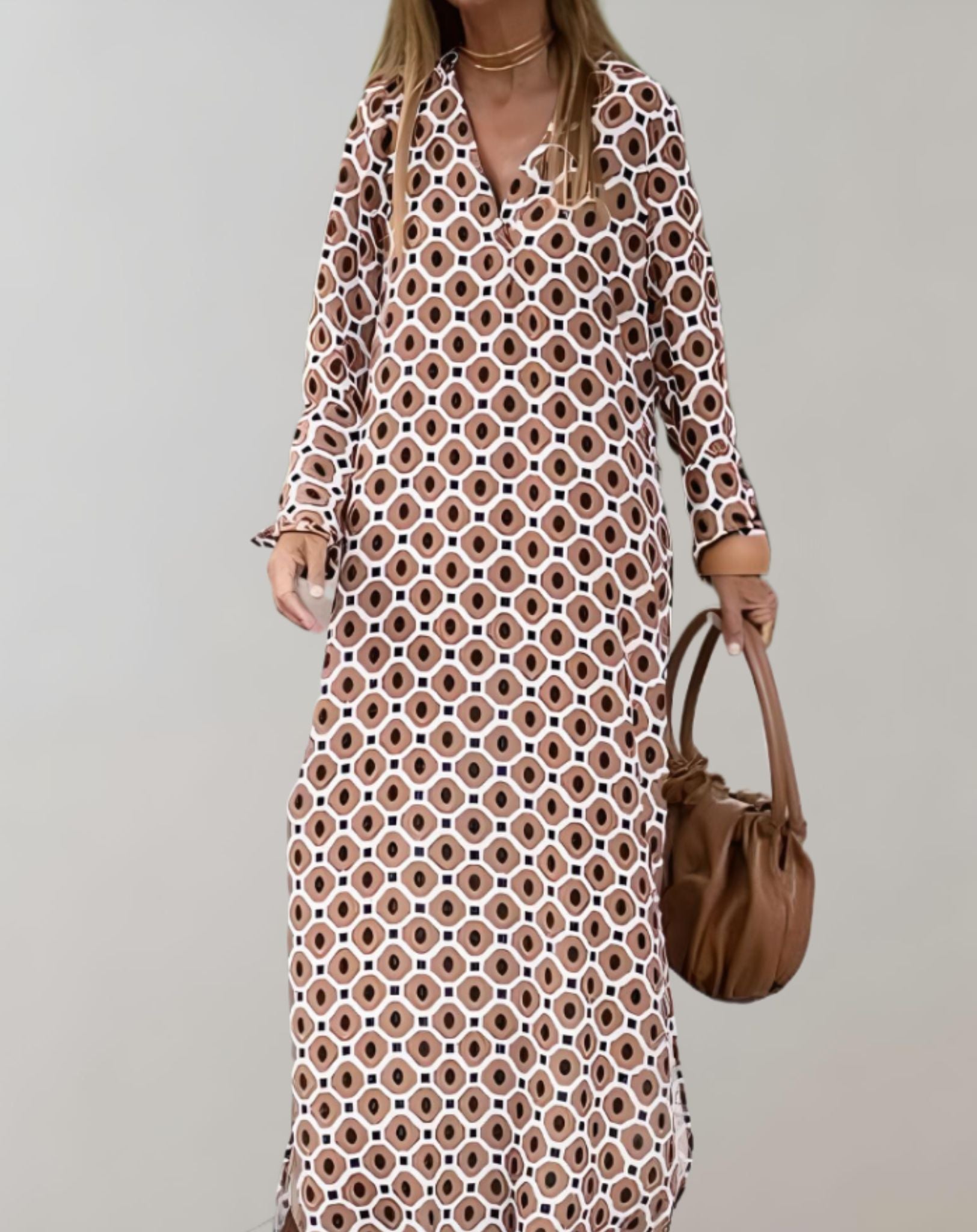Maci -  Langes und lockeres Kleid mit langen Ärmeln und zufälligem Musterdesign Kleid