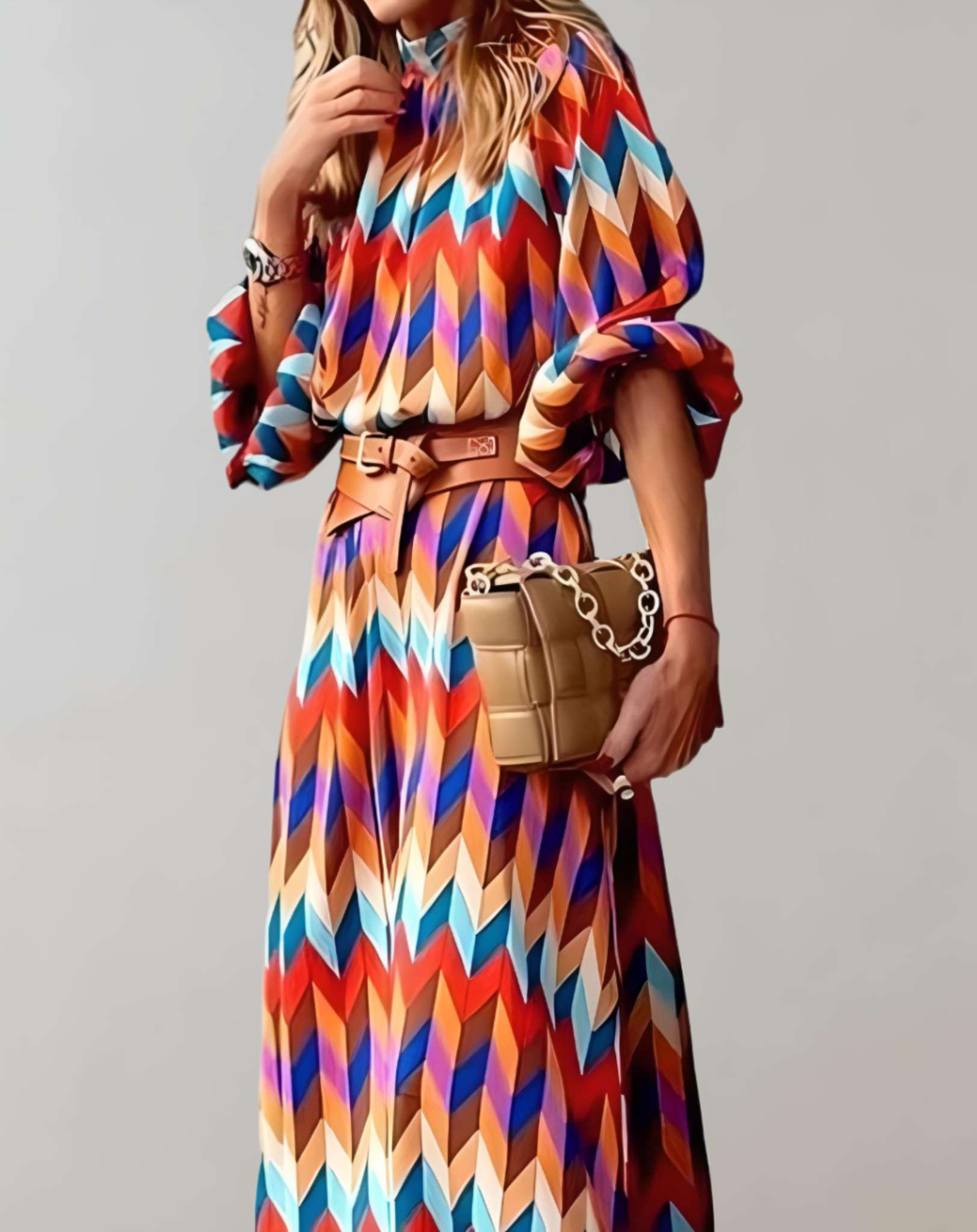 Vivian -  Temperamentvolles mittellanges Kleid mit Stehkragen und langen Ärmeln Kleid