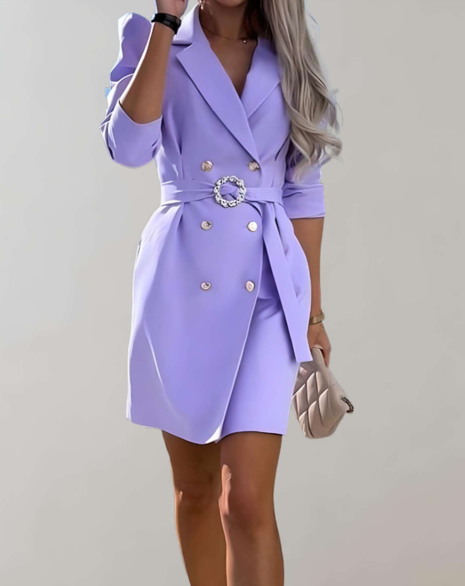 Beth - Minikleid mit tiefem V Ausschnitt Bindegürtel und Knöpfen Kleid