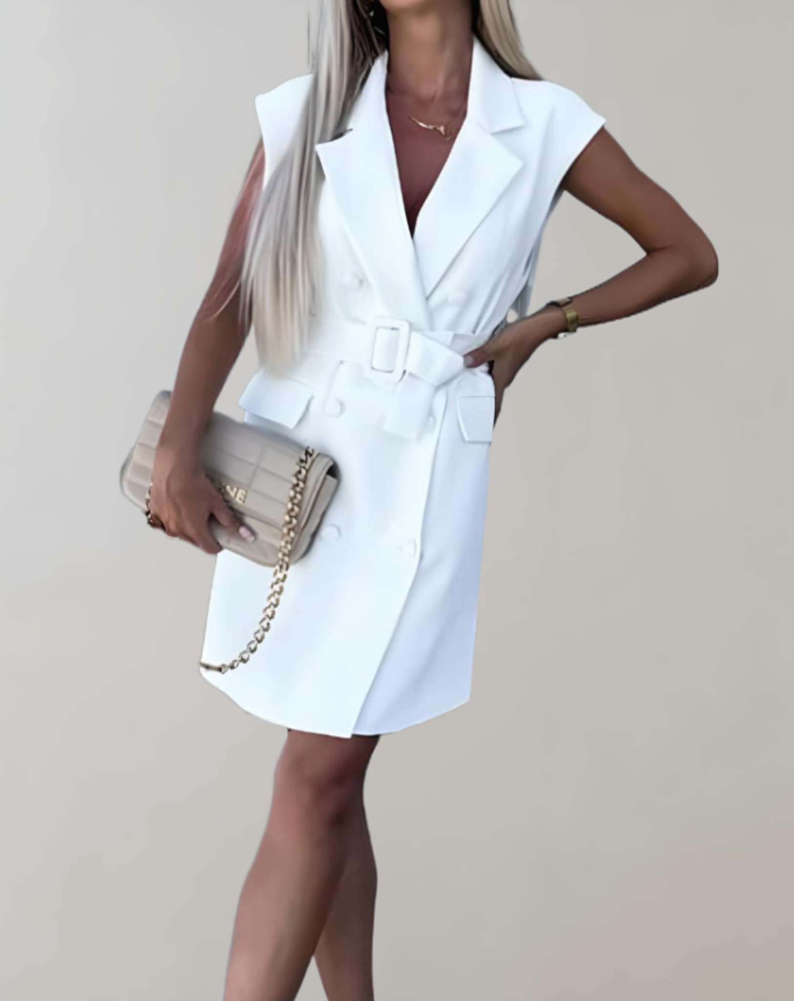 Beth - Minikleid mit tiefem V Ausschnitt Bindegürtel und Knöpfen Kleid