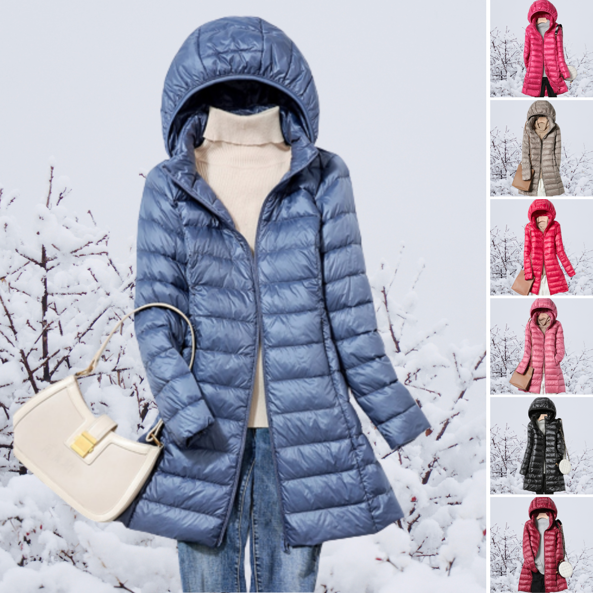 Damen Winter-Daunenjacke mit Kapuze – Leichte, Lang geschnittene Steppjacke