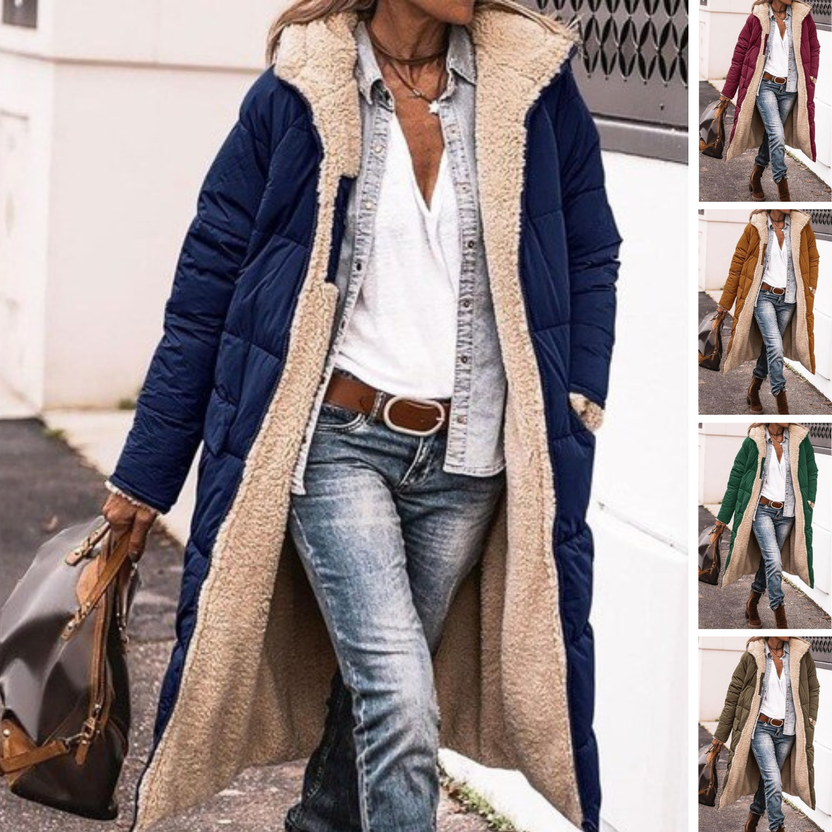 Damen Winterjacke mit Kapuze – Lange Wendejacke aus Sherpa-Fleece und Pufferstoff – Stilvolle, warme Outdoorjacke