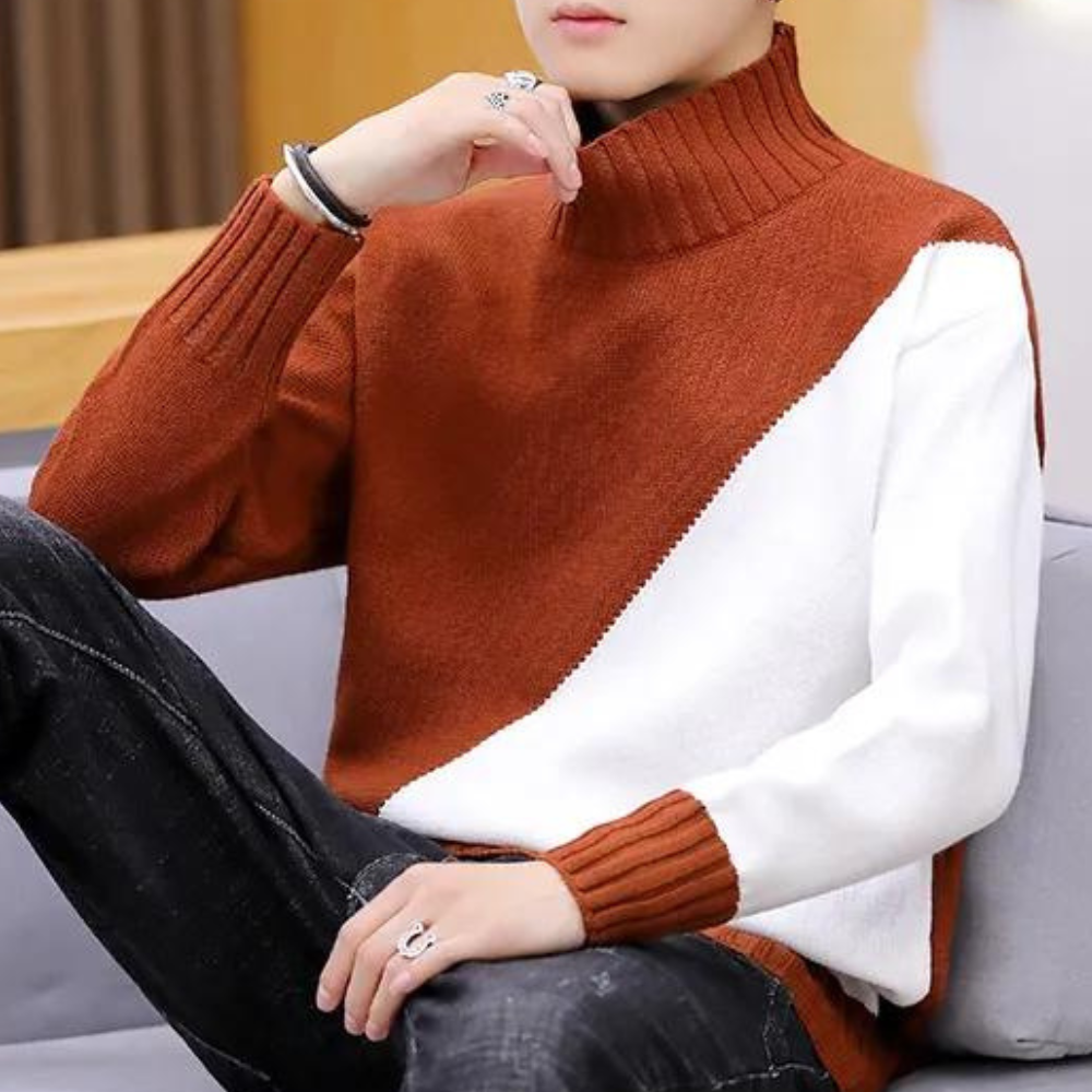 Theron | Trendige Strickjacke mit hohem Kragen und diagonalen Farbakzenten