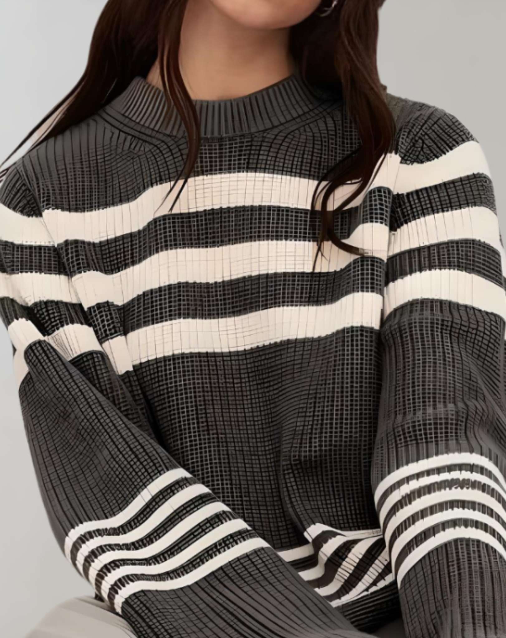 Calyn - Zweifarbiger übergroßer Strick und Streifenpullover mit Rundhalsausschnitt Sweater