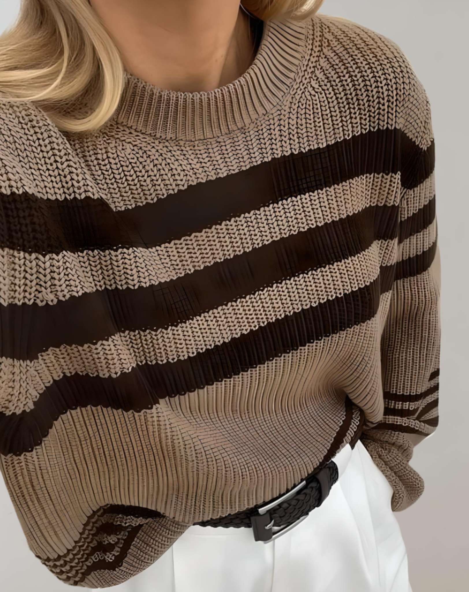 Calyn - Zweifarbiger übergroßer Strick und Streifenpullover mit Rundhalsausschnitt Sweater