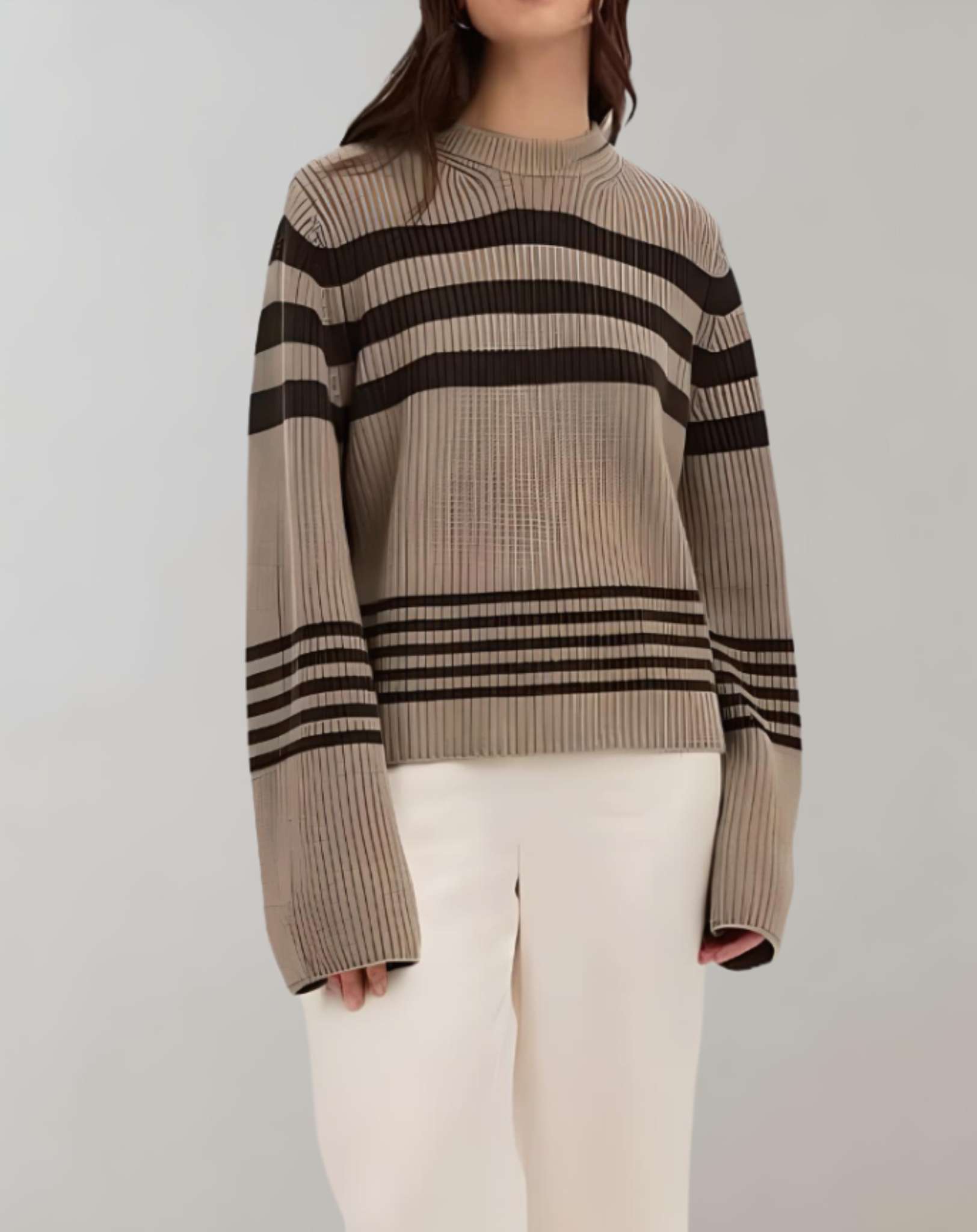 Calyn - Zweifarbiger übergroßer Strick und Streifenpullover mit Rundhalsausschnitt Sweater