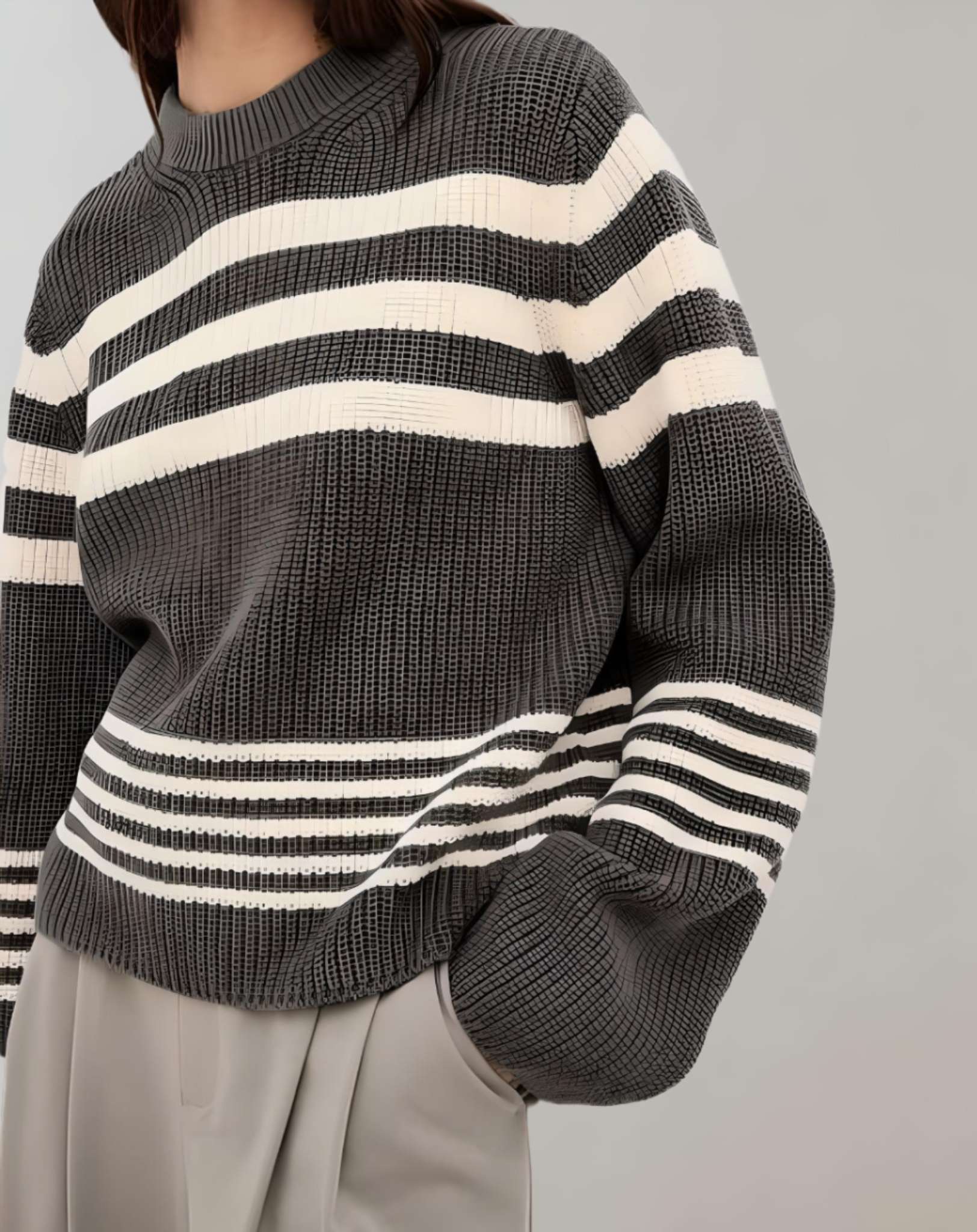 Calyn - Zweifarbiger übergroßer Strick und Streifenpullover mit Rundhalsausschnitt Sweater