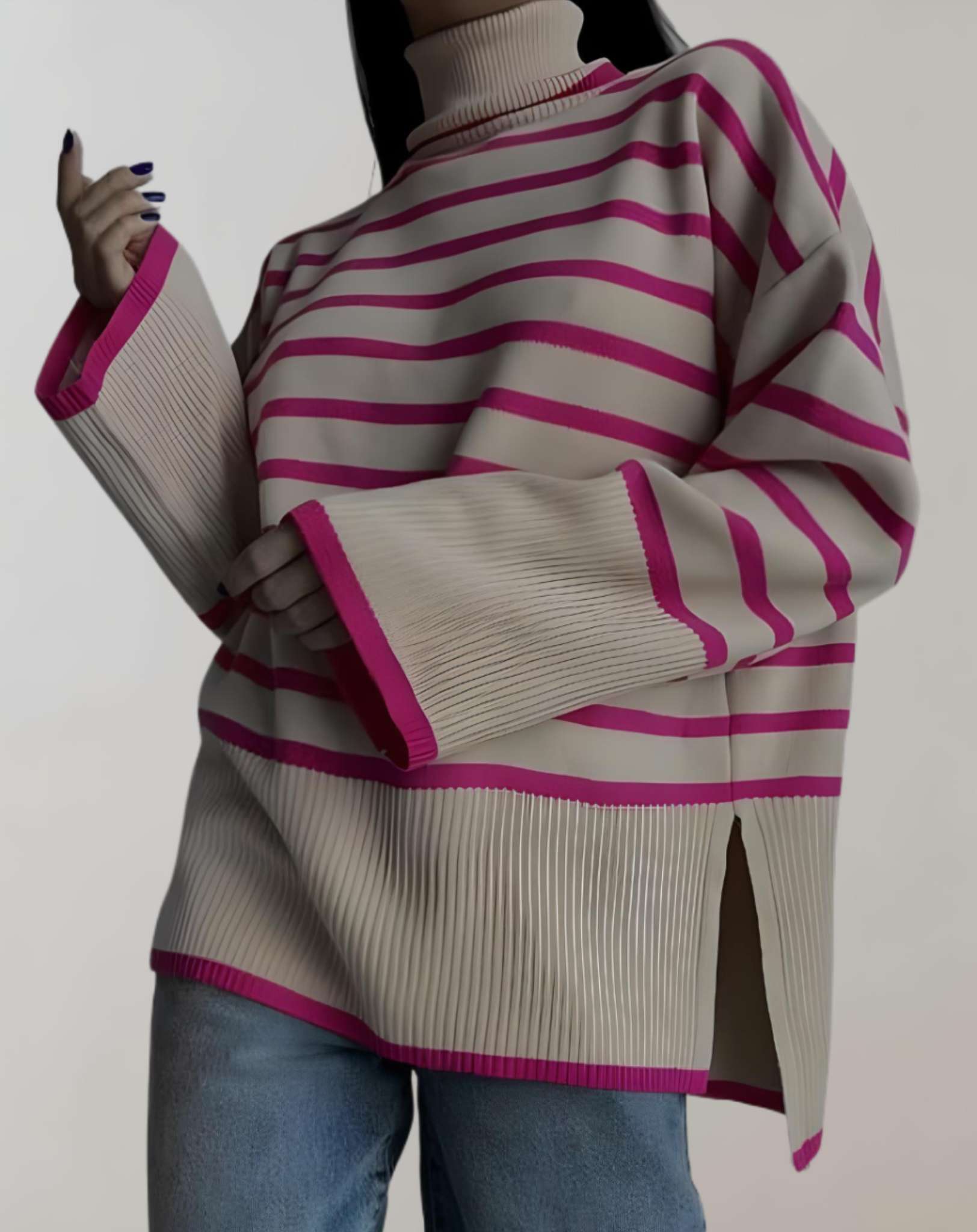 Chandria - Übergroßer bequemer Pullover mit Streifendesign und Rollkragen Sweater