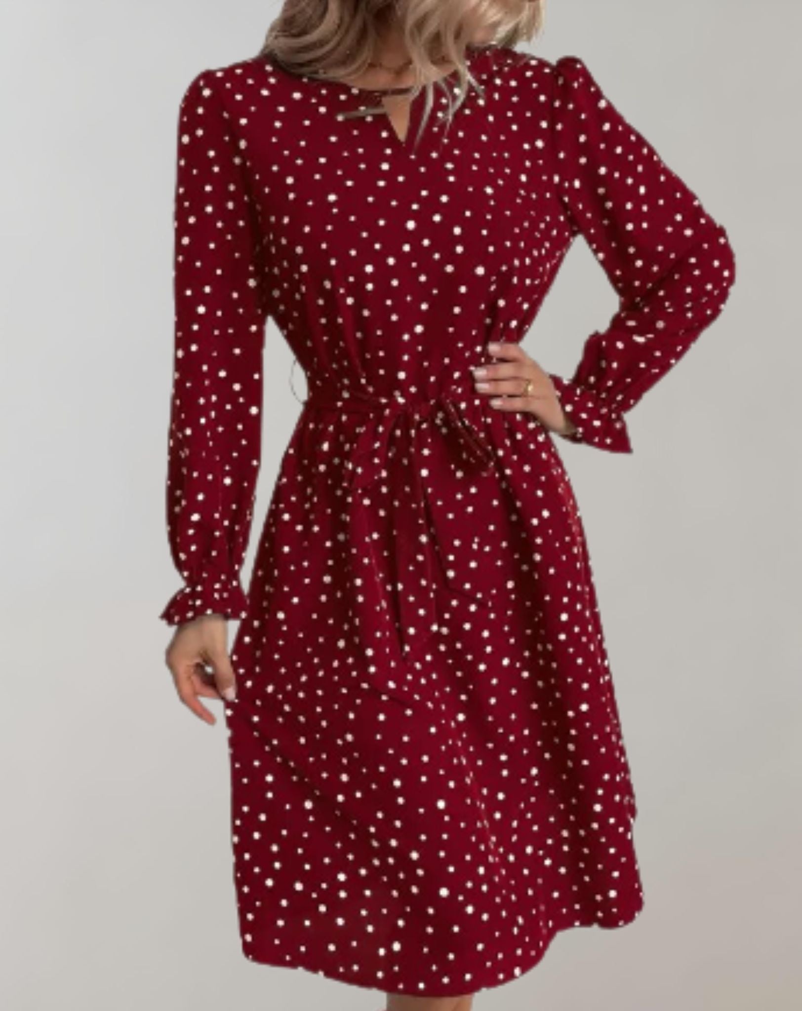 Claret - Rotes gut sitzendes Minikleid mit Mini Tupfenmuster und langen Ärmeln Kleid