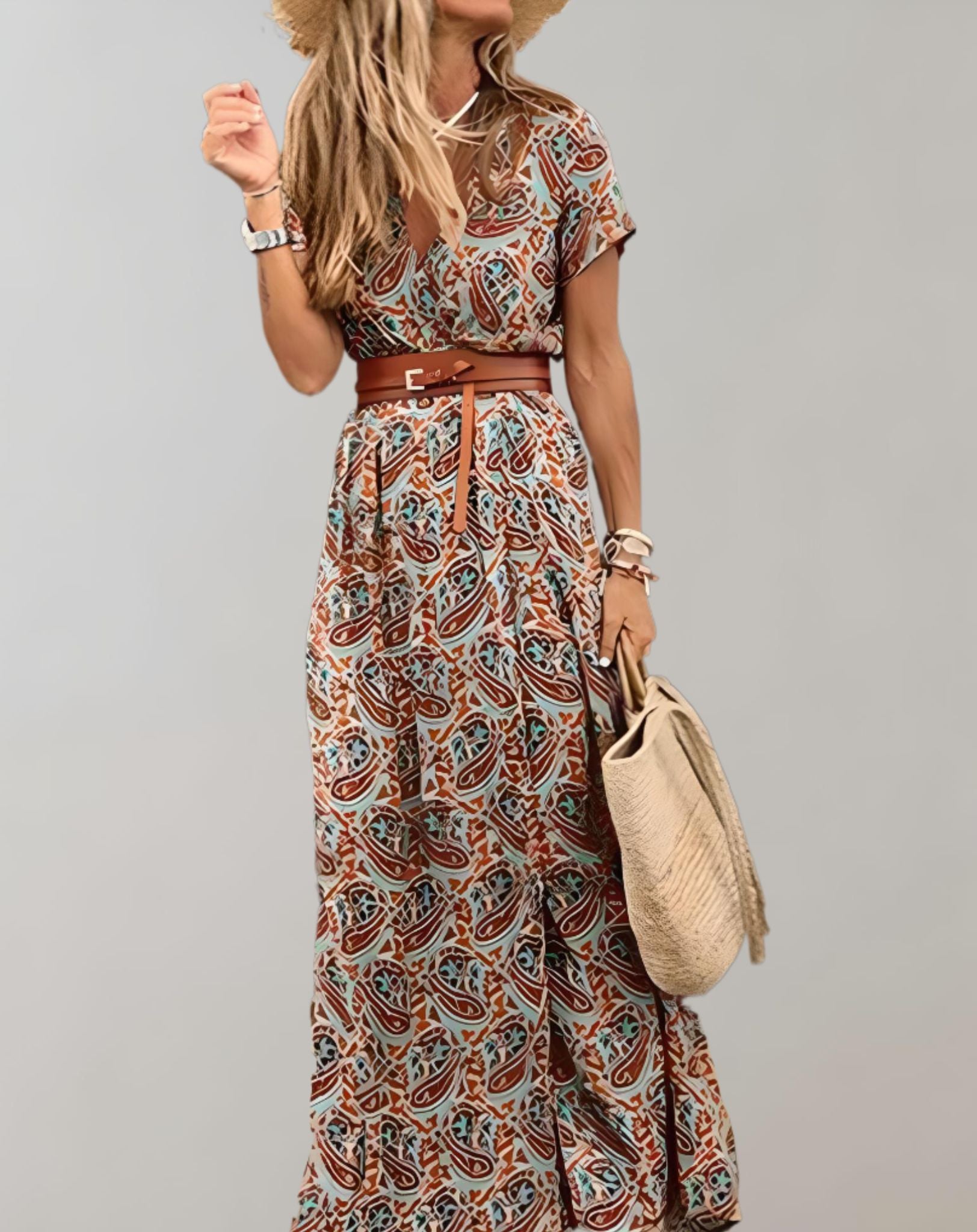 Cristina - Langes Kleid mit Gürtel hohem Schlitz und kurzen Ärmeln Kleid