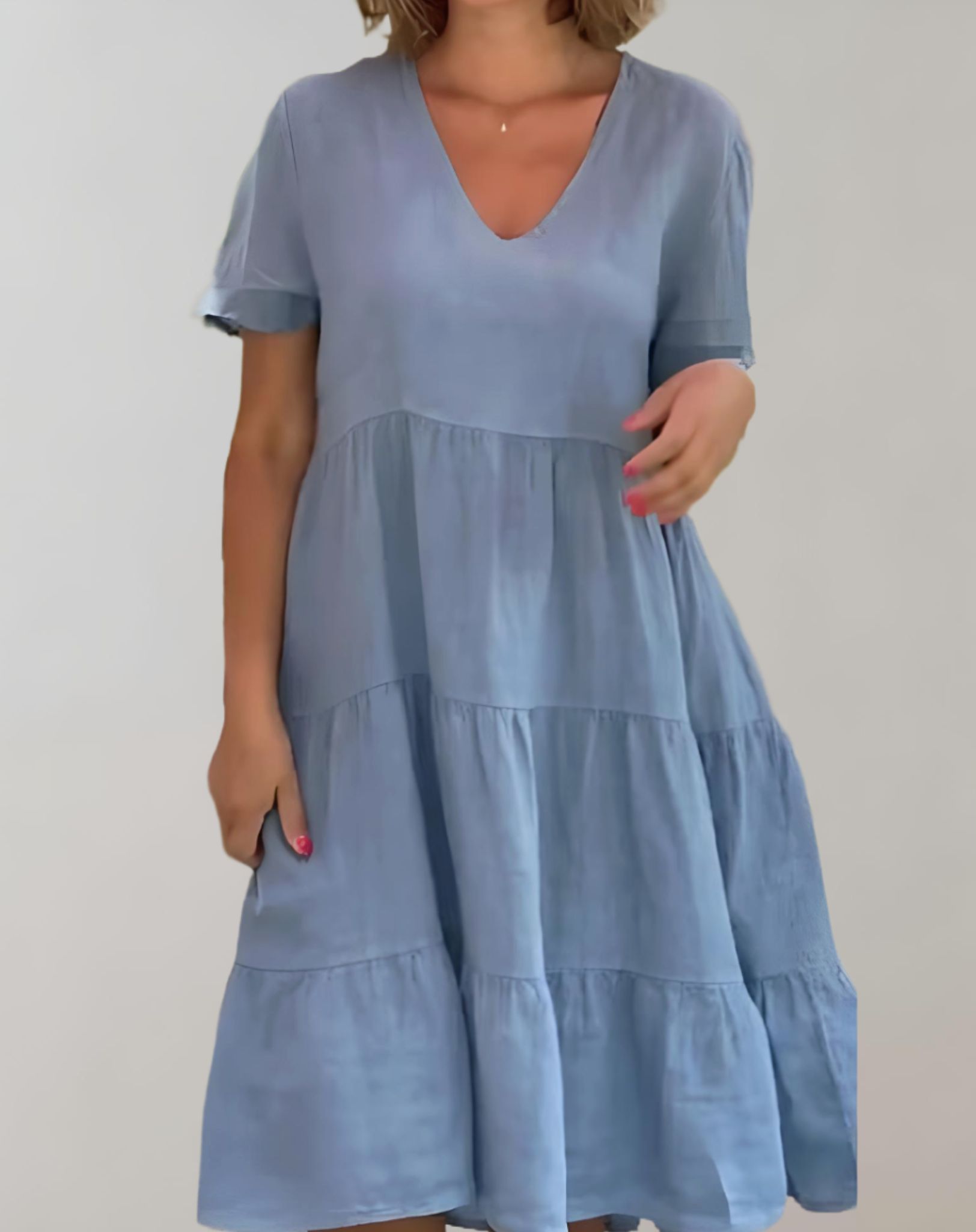 Cyan - Kleid mit tiefem V Ausschnitt und schlichtem strukturiertem Rüschensaum Kleid