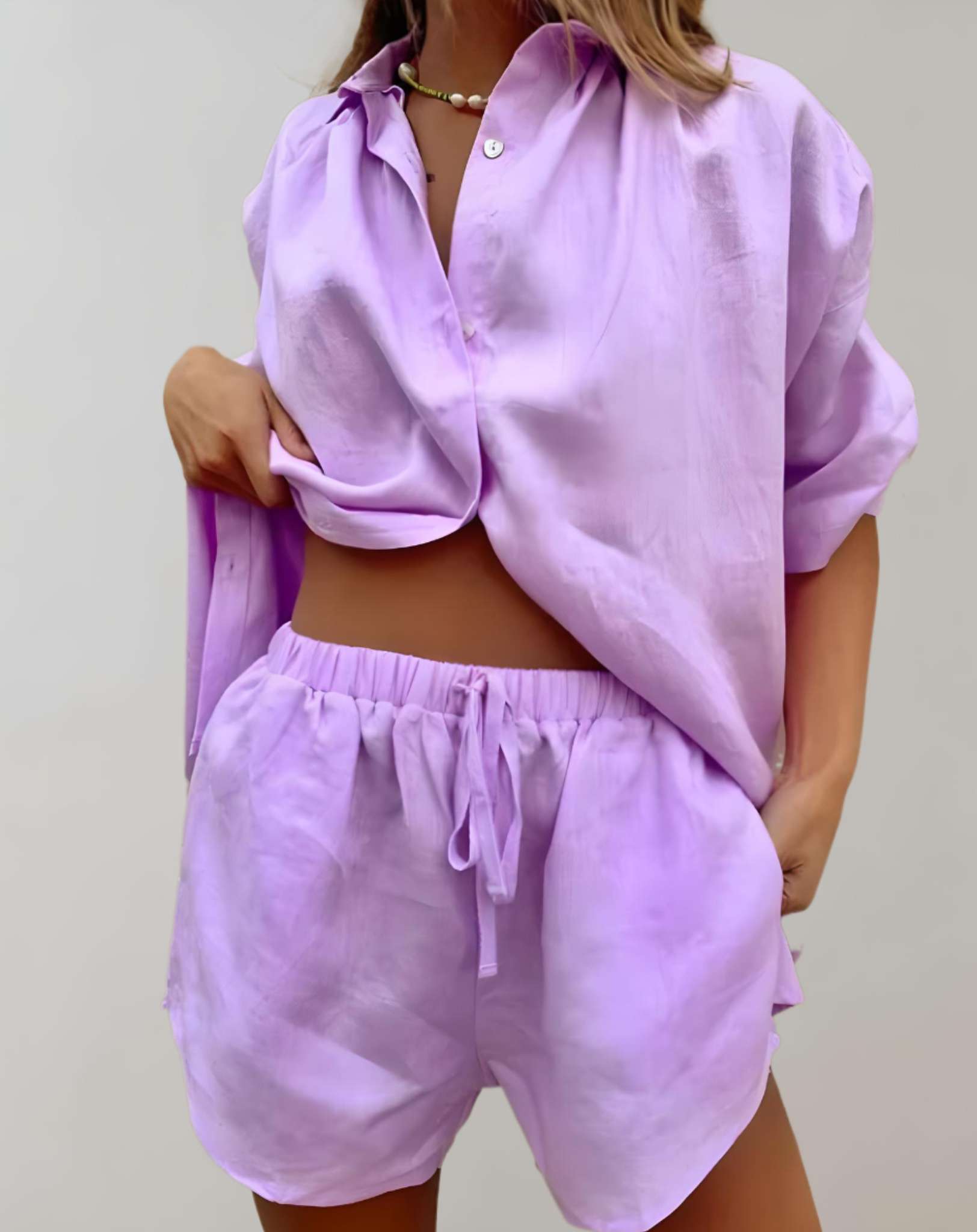 Cyrille - 2-teiliges Set mit übergroßem Poloshirt und Shorts mit hoher Taille Kleidung