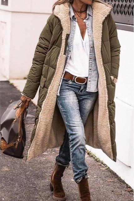 Damen Winterjacke mit Kapuze – Lange Wendejacke aus Sherpa-Fleece und Pufferstoff – Stilvolle, warme Outdoorjacke