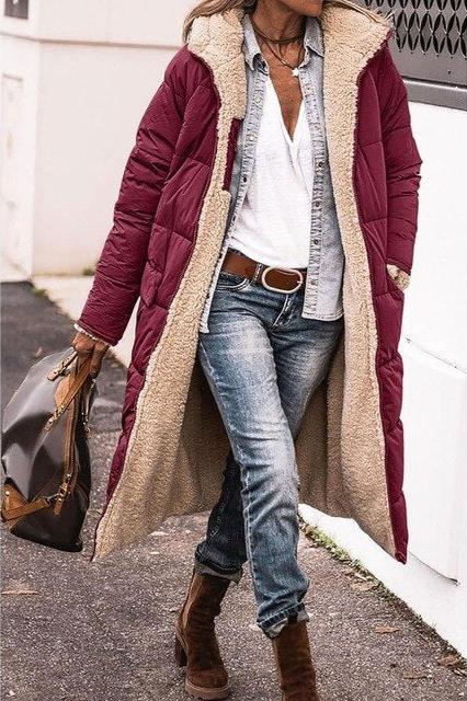 Damen Winterjacke mit Kapuze – Lange Wendejacke aus Sherpa-Fleece und Pufferstoff – Stilvolle, warme Outdoorjacke