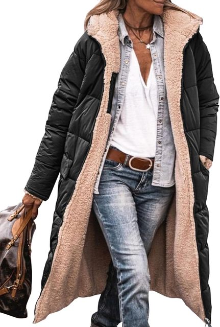 Damen Winterjacke mit Kapuze – Lange Wendejacke aus Sherpa-Fleece und Pufferstoff – Stilvolle, warme Outdoorjacke