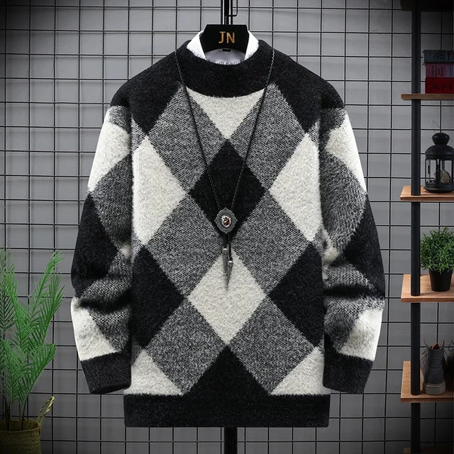 Gestreifte Herren-Trui mit Eleganten Diamantmustern für den Winter