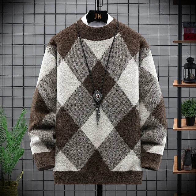 Gestreifte Herren-Trui mit Eleganten Diamantmustern für den Winter